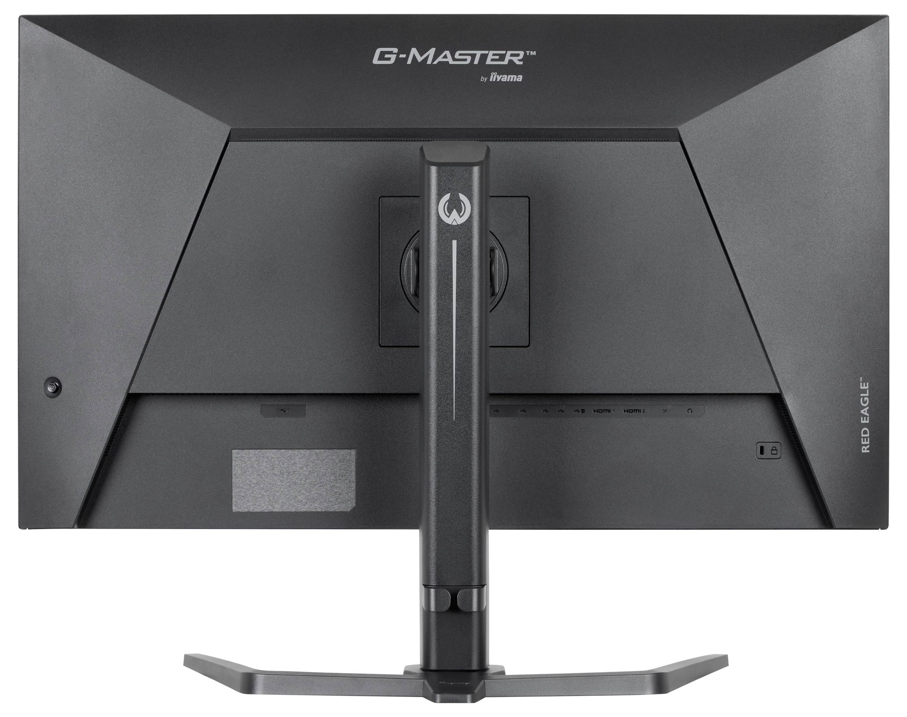 'Zadní pohled na monitor G-Master zobrazující nastavitelný stojan a porty připojení, označený "Red Eagle" na straně.'
