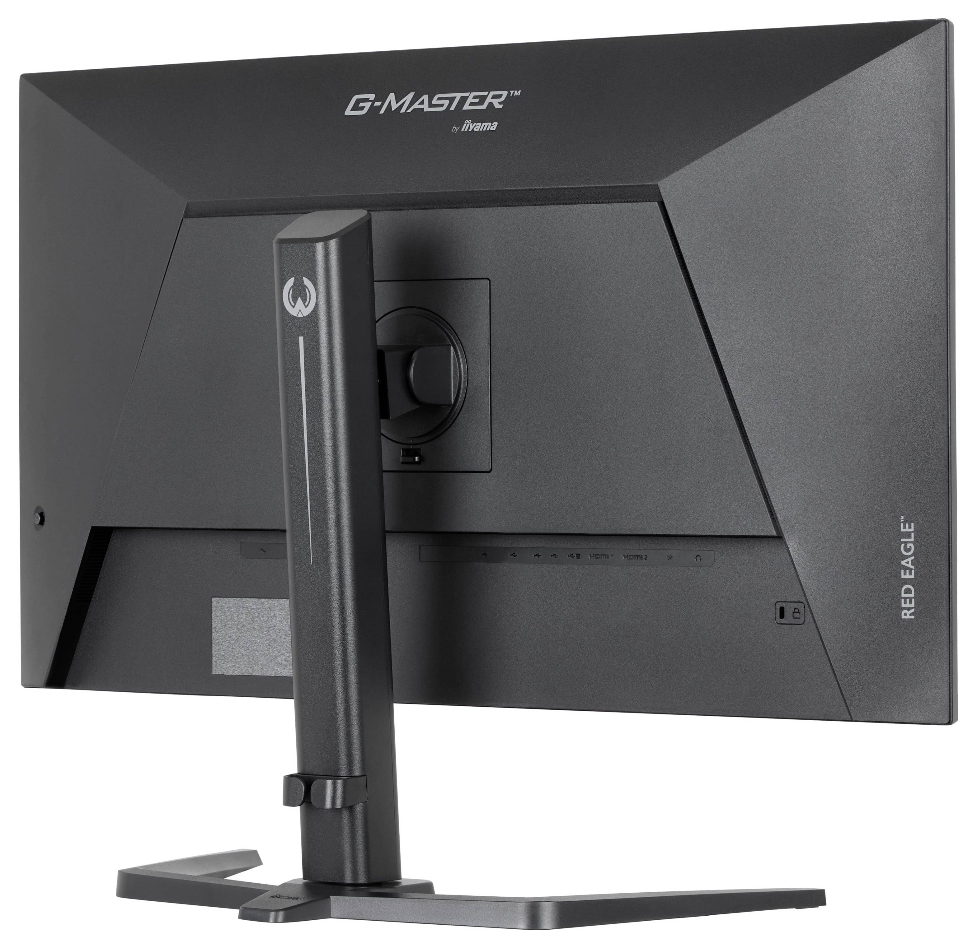 Zadní pohled na monitor iiyama G-Master Red Eagle, který ukazuje jeho robustní stojan a minimalistický design.