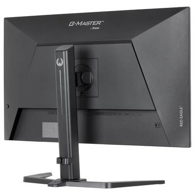 Zadní pohled na monitor iiyama G-Master Red Eagle, který ukazuje jeho robustní stojan a minimalistický design.