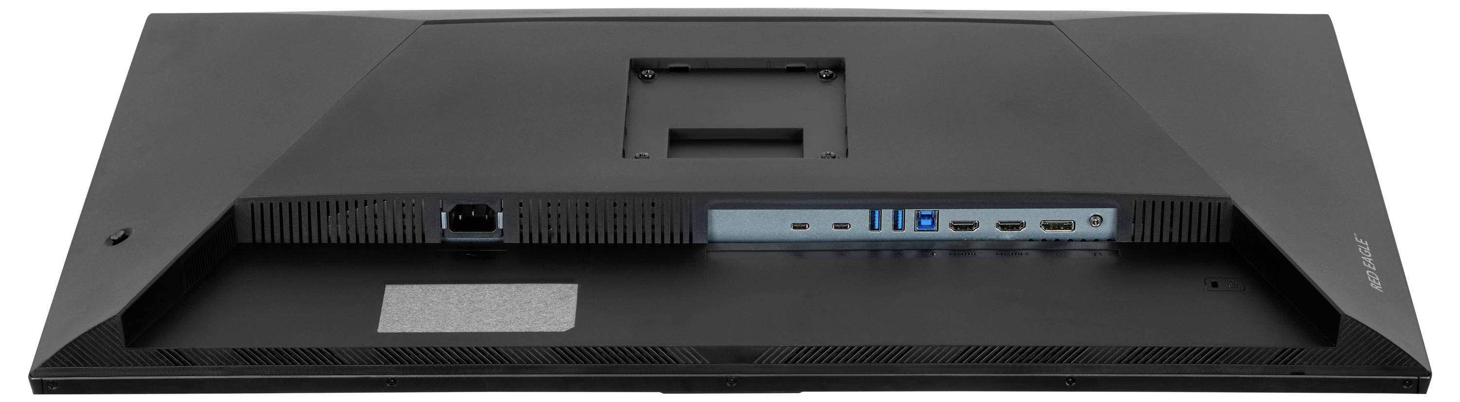 Zadní strana černého monitoru s napájecím portem, USB porty a HDMI porty, uprostřed s montážním držákem.