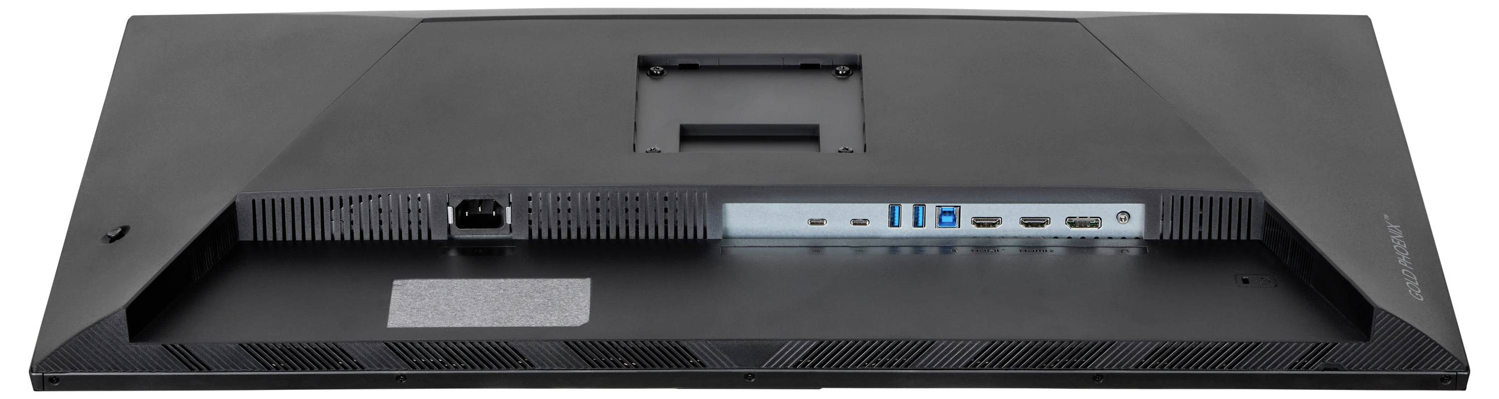 Detailní pohled na zadní panel monitoru zobrazující různé porty včetně HDMI, USB a slotů pro připojení napájení.