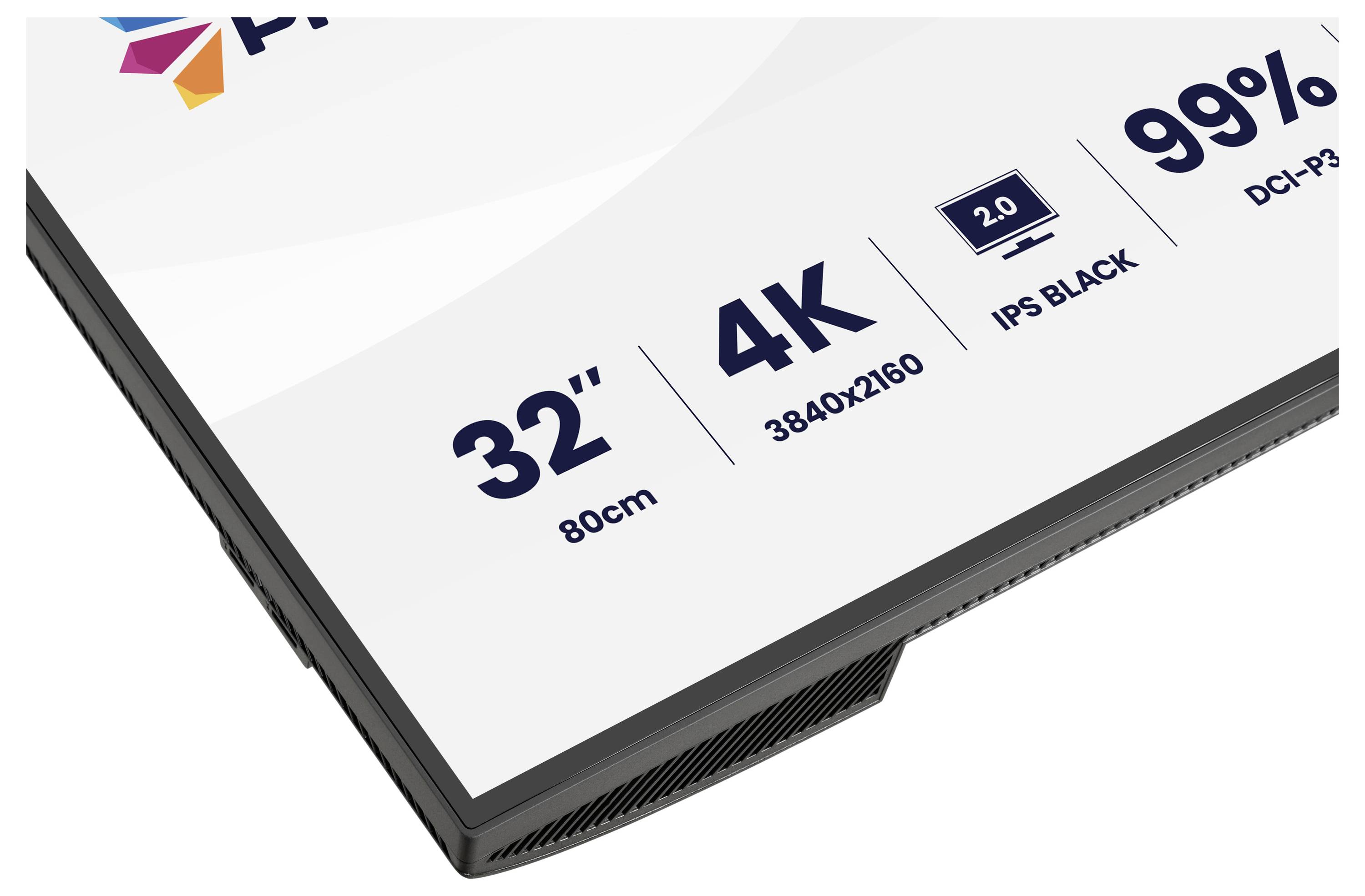 Rohové zobrazení monitoru s velikostí 32", rozlišením 4K, 3840x2160, 2.0 HDMI, IPS Black, pokrytí 99% barevného spektra DCI-P3.