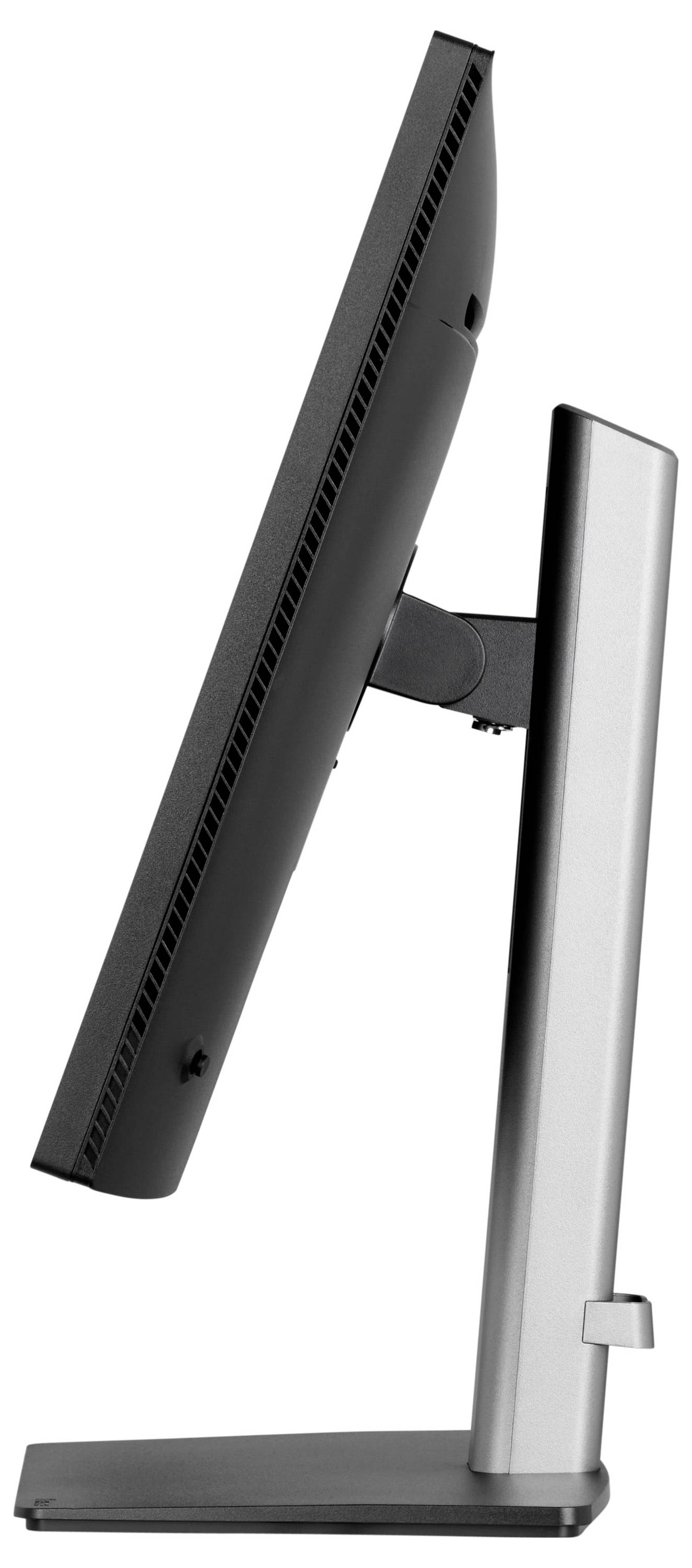 Boční pohled na elegantní, moderní počítačový monitor s tenkým kovovým stojanem, který vykazuje jeho štíhlý design a minimalistickou estetiku.