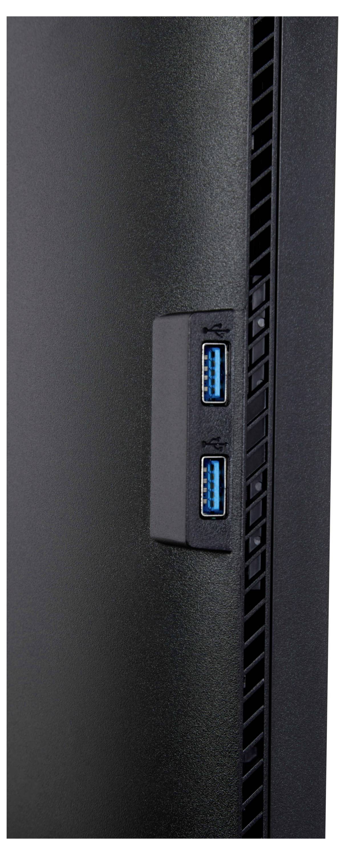 Detailní pohled na stranu černého počítačového monitoru s dvěma modrými USB porty pro připojení.