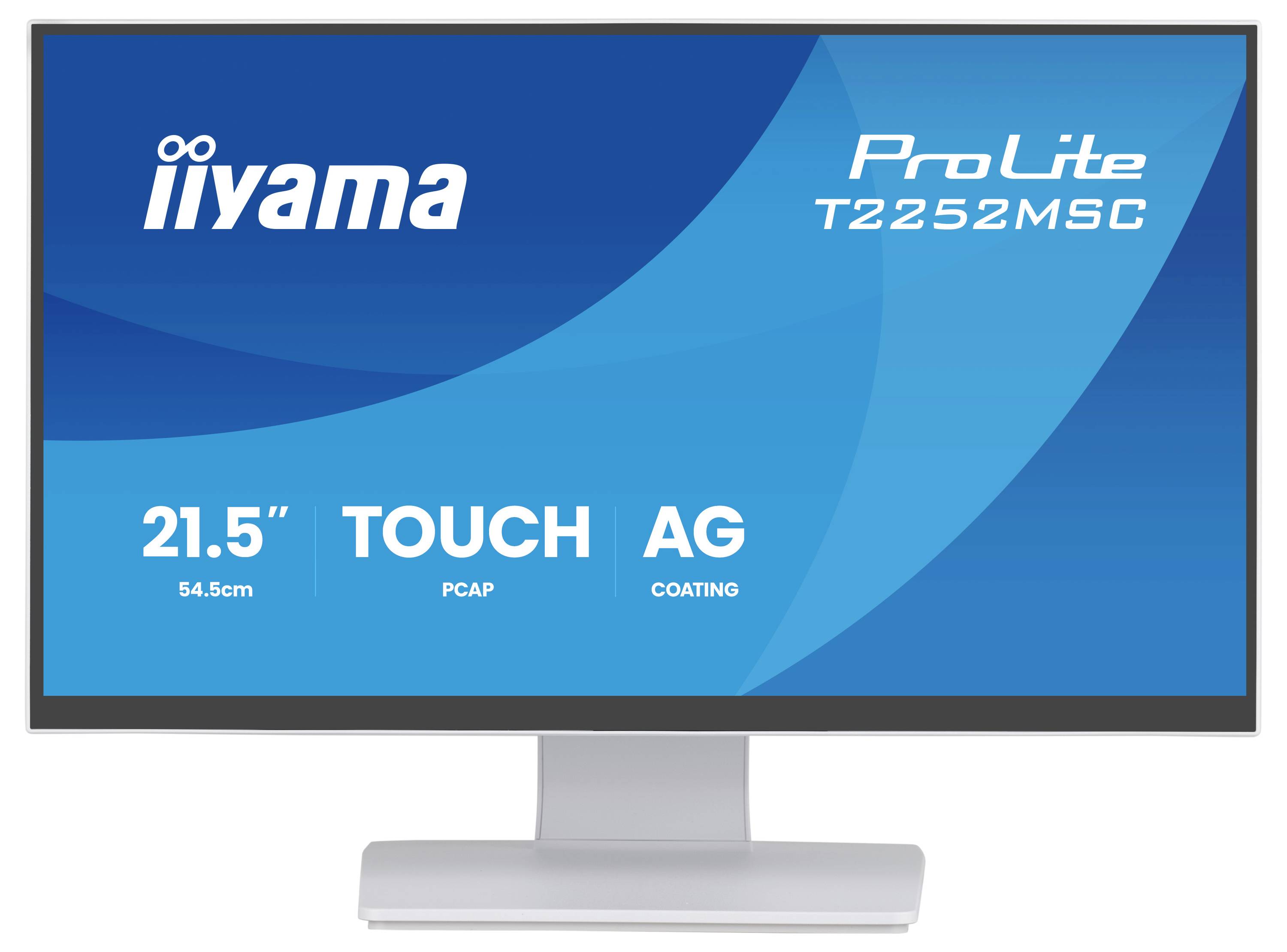 'Obrazovka monitoru zobrazující logo iiyama, název modelu ProLite T2252MSC, velikost 21,5 palce, dotykové a matné funkce.'