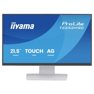 'Obrazovka monitoru zobrazující logo iiyama, název modelu ProLite T2252MSC, velikost 21,5 palce, dotykové a matné funkce.'