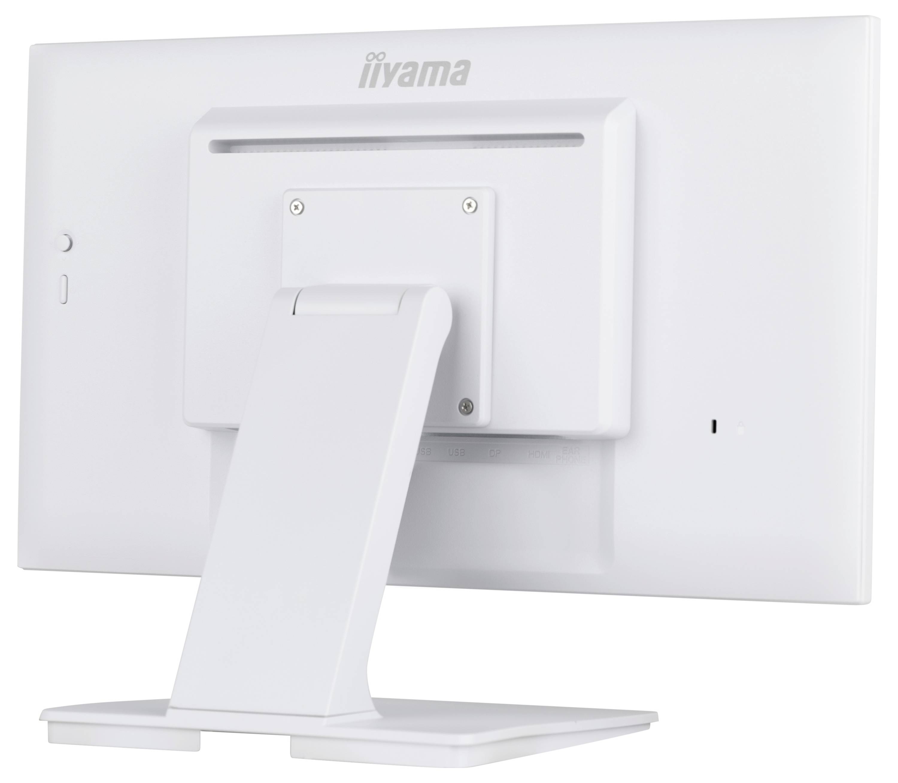 Zadní pohled na bílý počítačový monitor na stojanu, na kterém je viditelné logo značky 'iiyama' a připojení pro montáž.