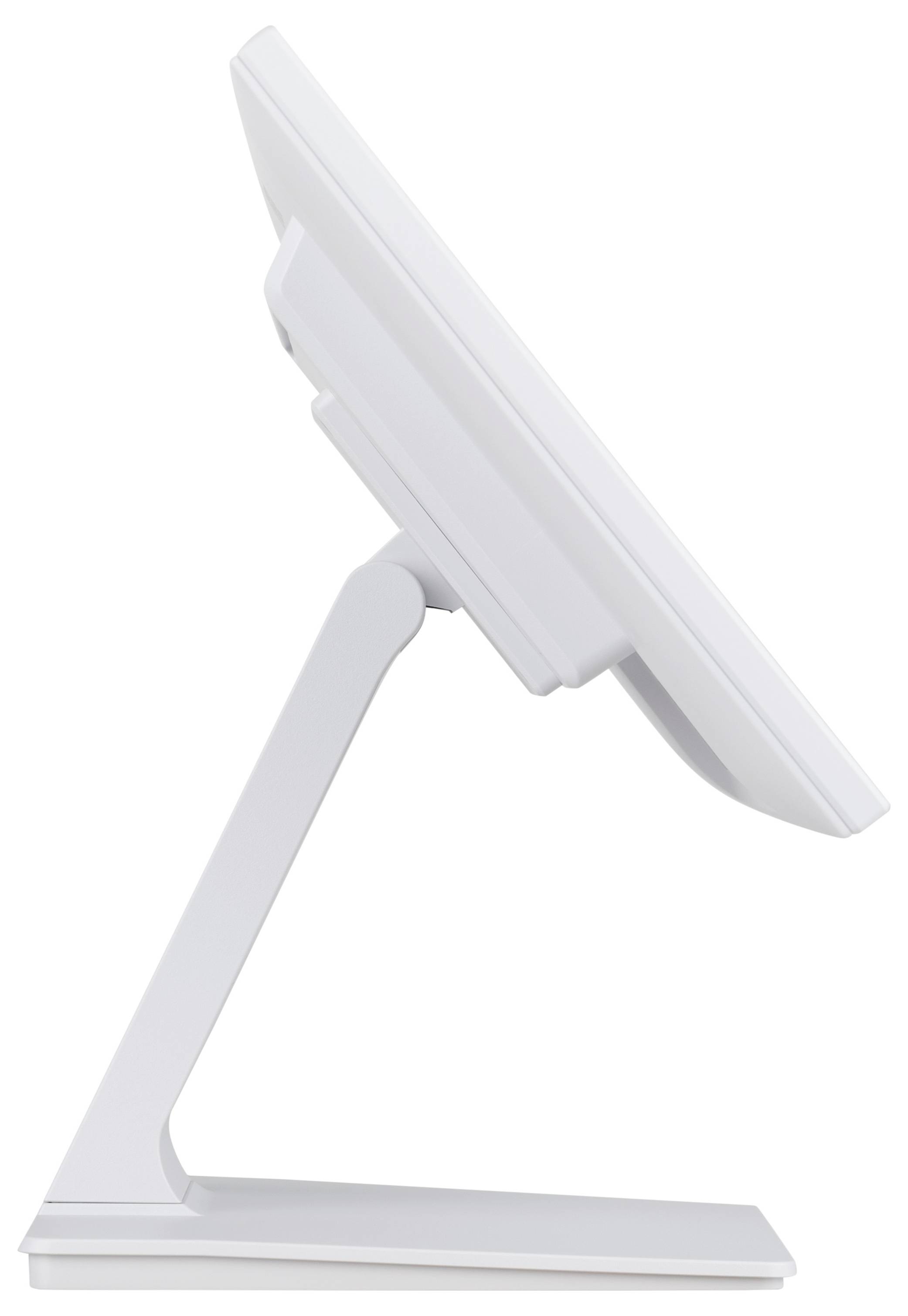 Boční pohled na počítačový monitor na stojanu, který ukazuje jeho elegantní, moderní design a nastavitelný sklon.