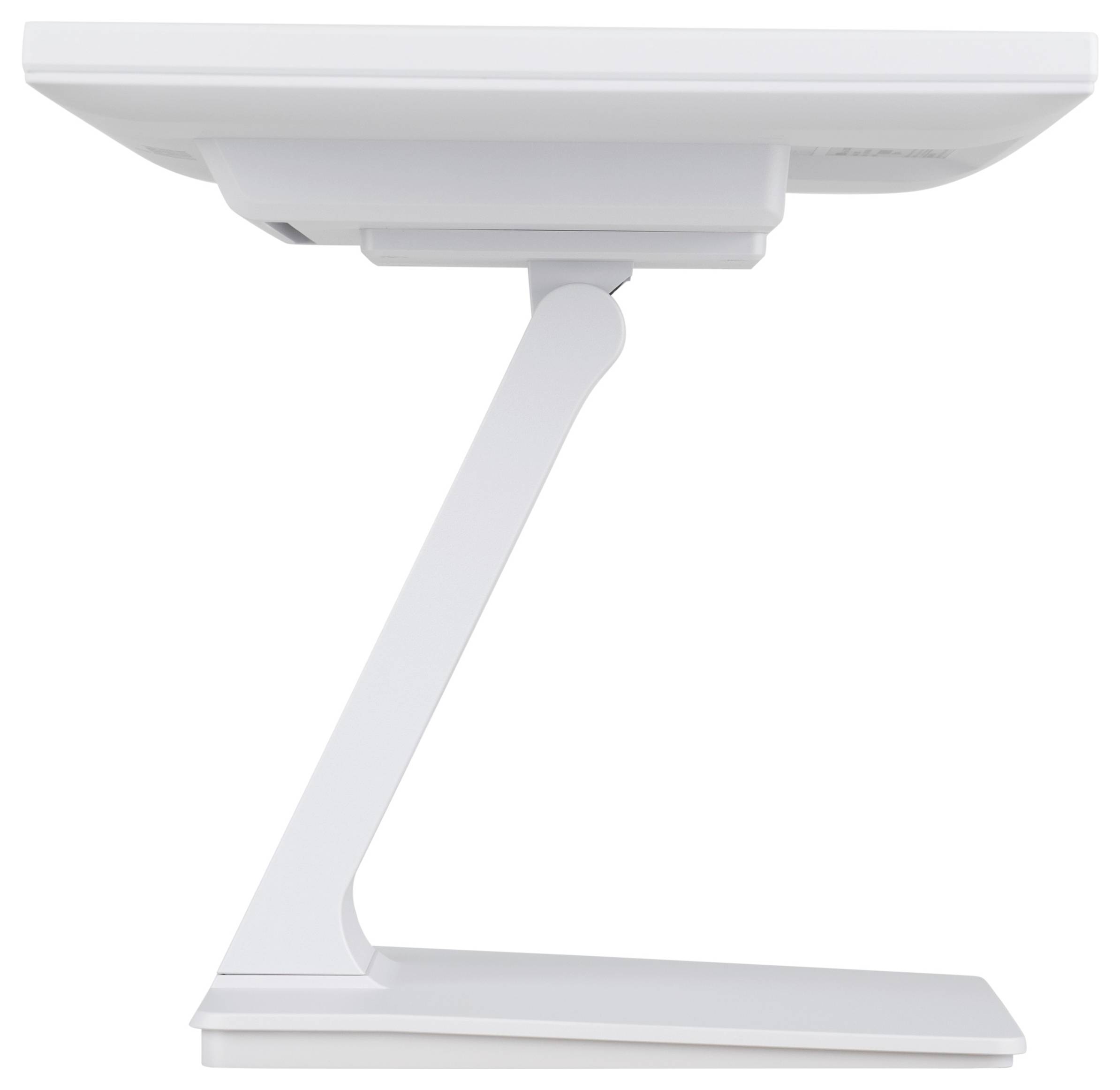 Obrázek zobrazuje moderní, bílou stolní lampu se štíhlým, úhlovitým designem a nastavitelným ramenem pro směřování světla.