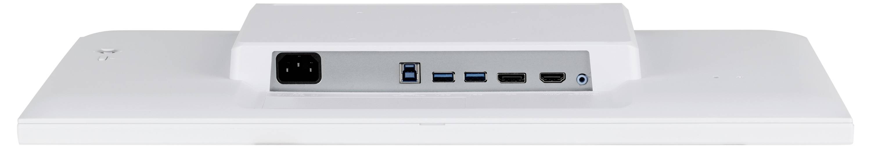 Zadní pohled na bílý monitor zobrazující vstup napájení, porty USB, HDMI a jack pro sluchátka.