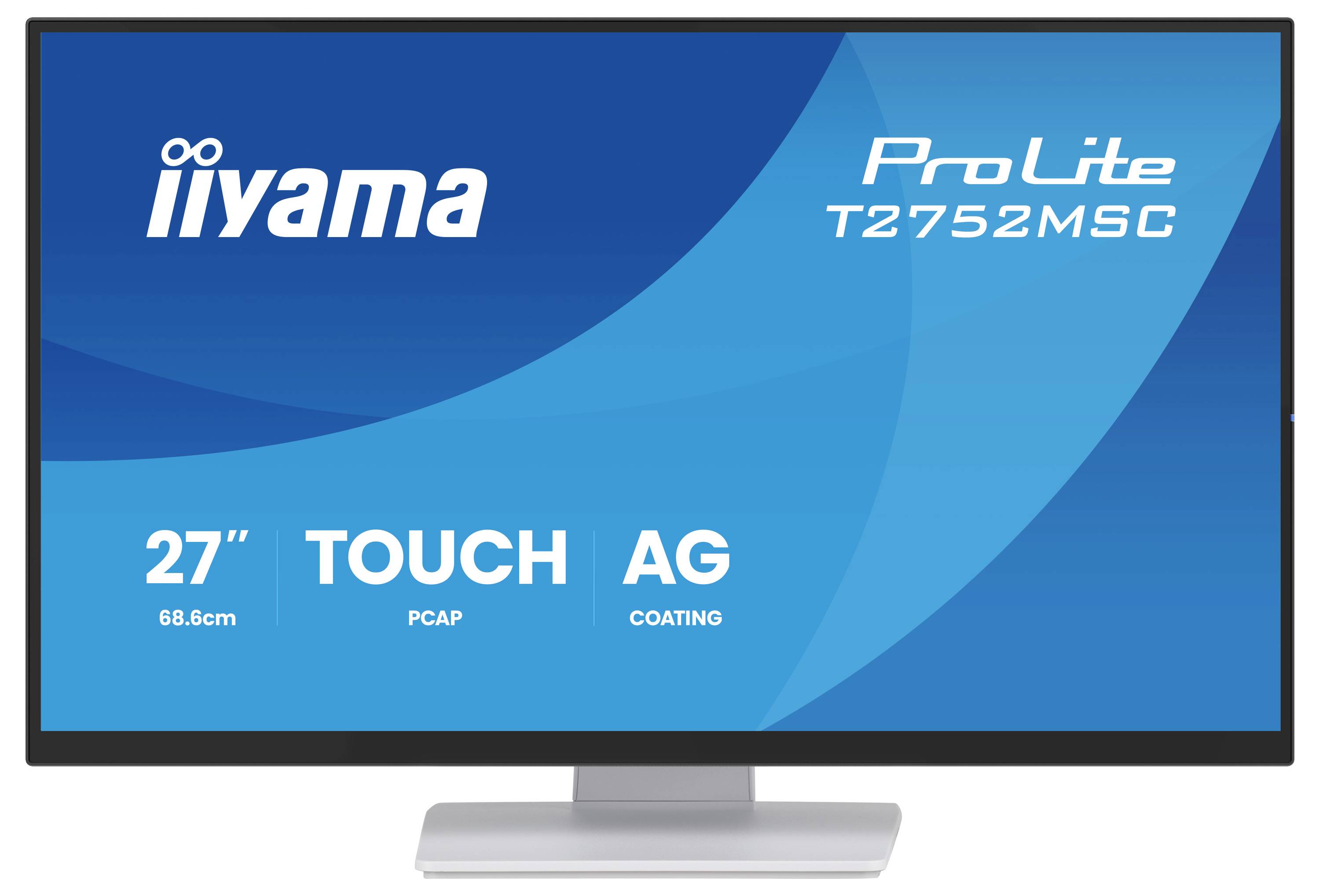 Dotykový monitor ‚iiyama ProLite T2752MSC', 27 palců, technologie PCAP, protileské nátěr, zobrazený na modrém pozadí.