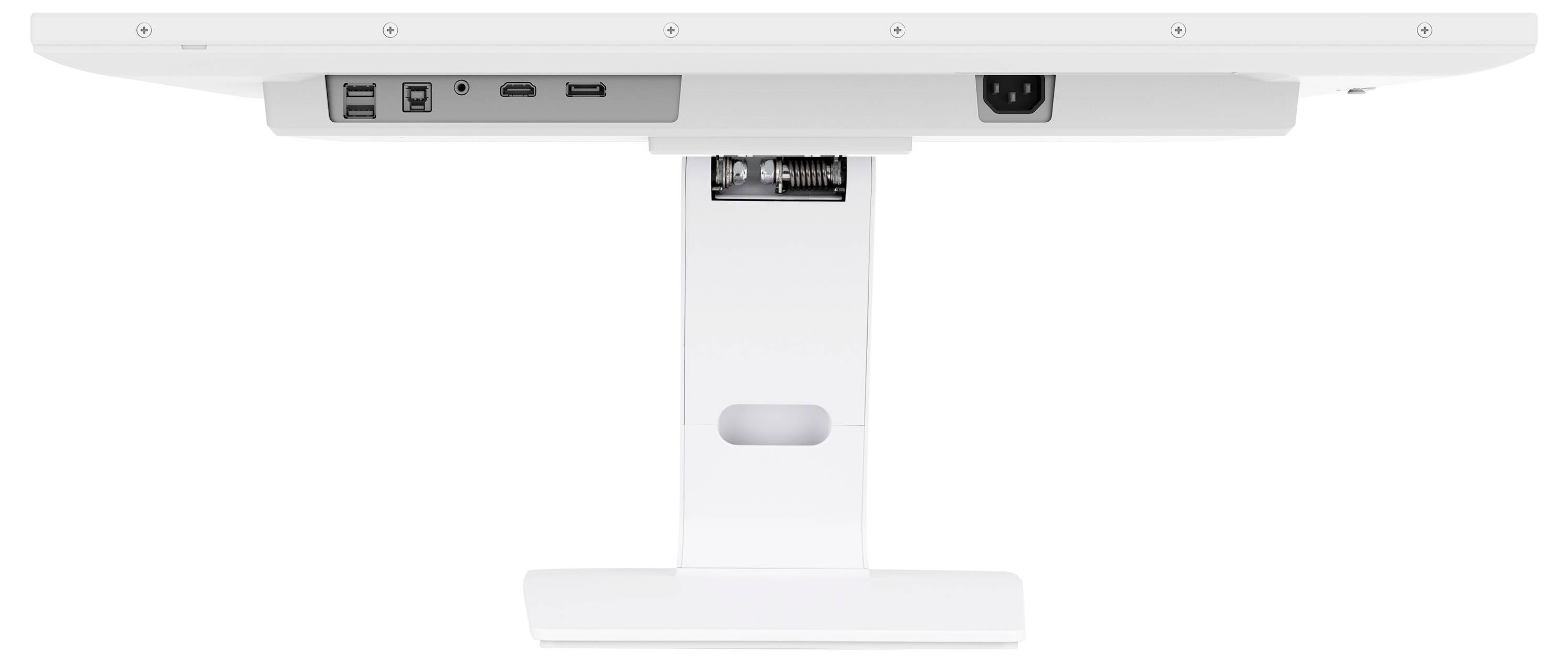 Bílý stůl se středovým sloupem pro správu kabelů, který ukazuje různé napájecí porty a USB porty umístěné pod pracovní deskou pro připojení.