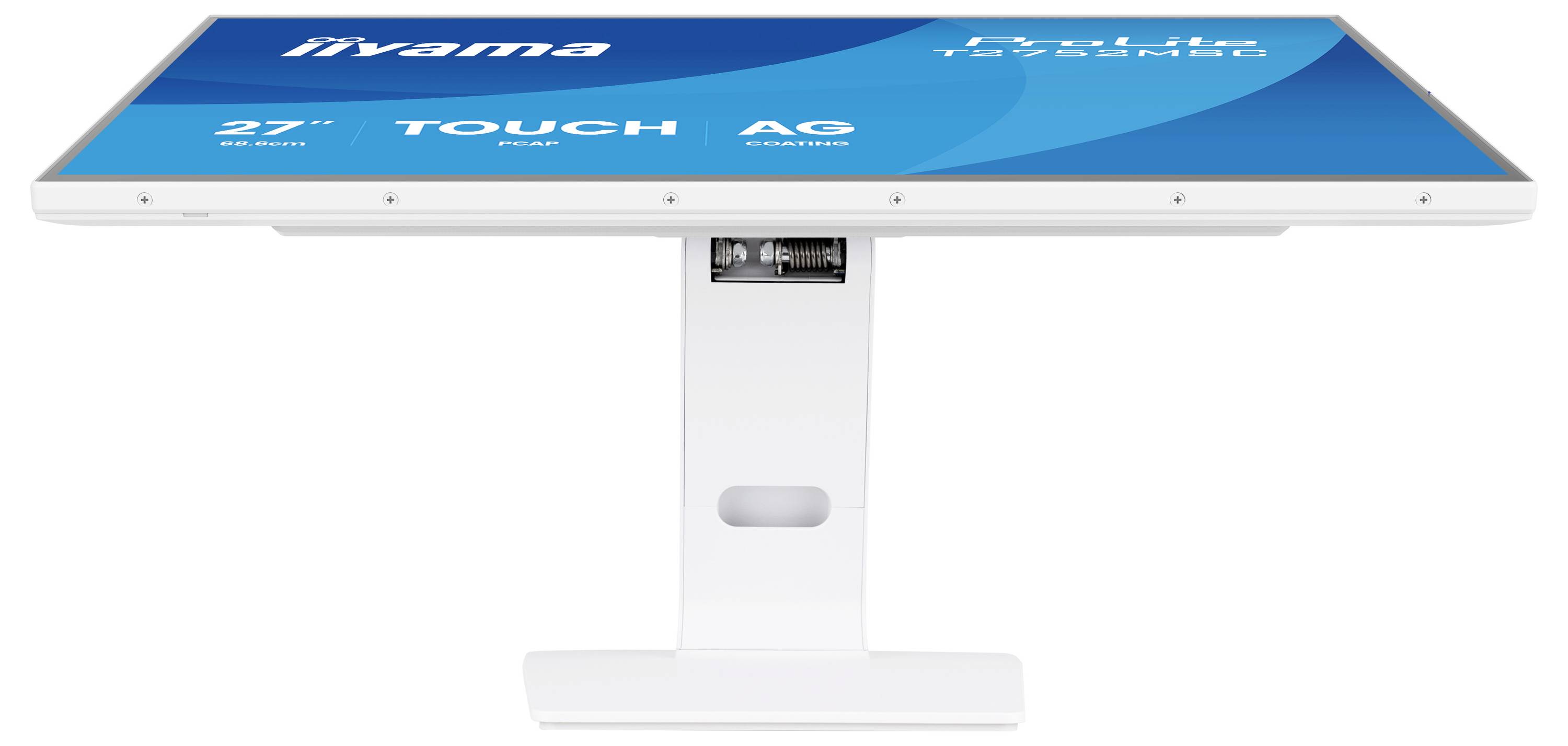 Bílý monitor s modrou obrazovkou zobrazující text: '27", TOUCH, AG Coating'. Obrazovka je na podstavci nakloněna horizontálně.