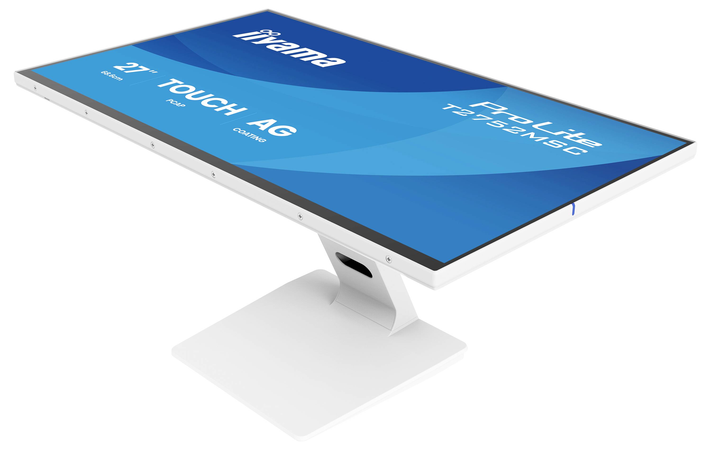 Plochý bílý počítačový monitor zobrazující modrý obrazovek s textem "iiyama ProLite T2735MSC" a "27" Touch AG", nakloněný doleva.