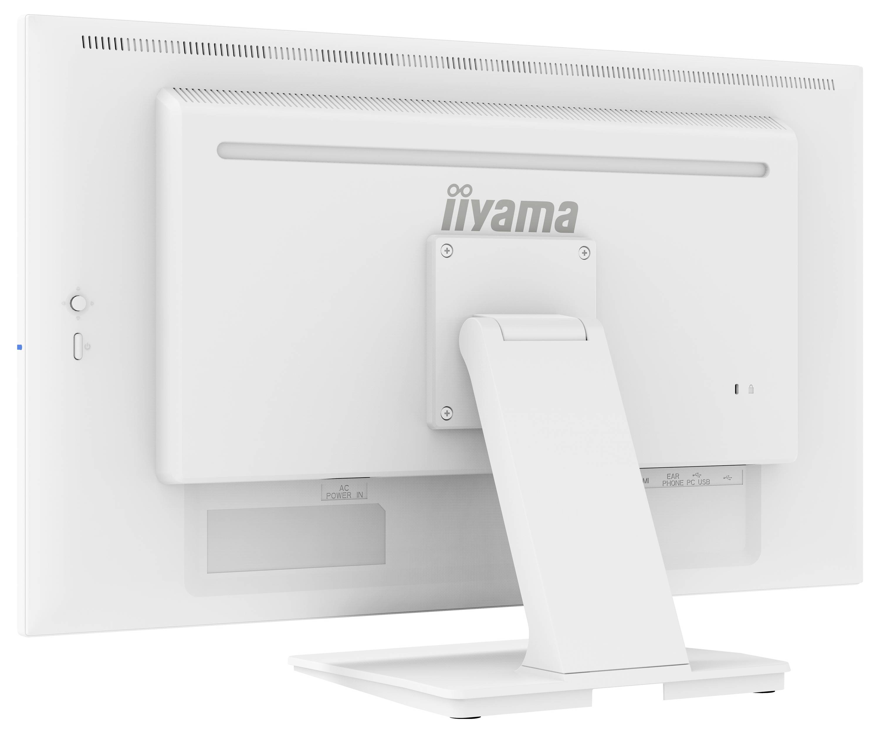 Bílý počítačový monitor iiyama pohled zezadu, zobrazující jeho stojan a značku na zadním panelu.