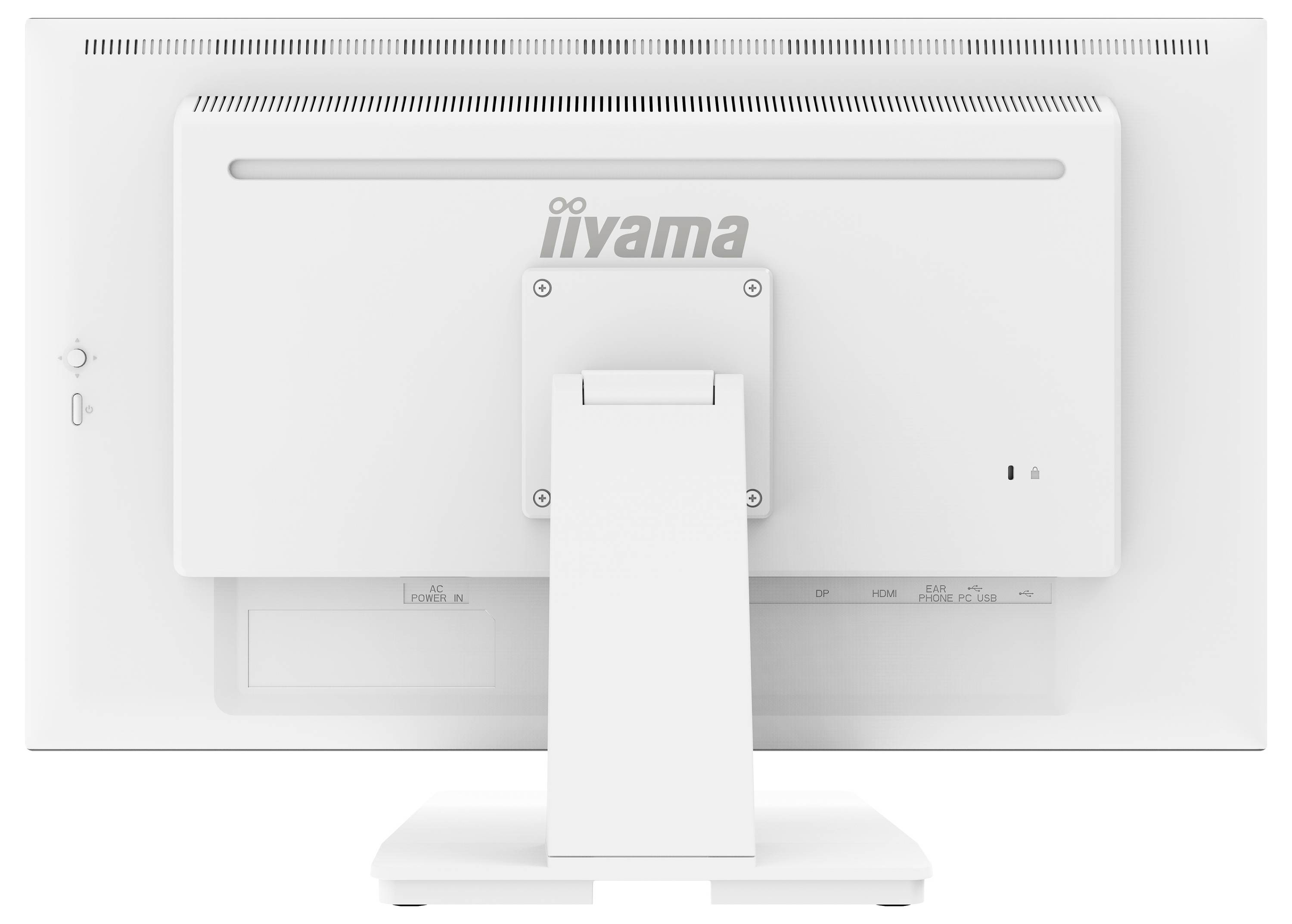 Pohled zezadu na bílý počítačový monitor iiyama, zobrazující podstavec a porty.