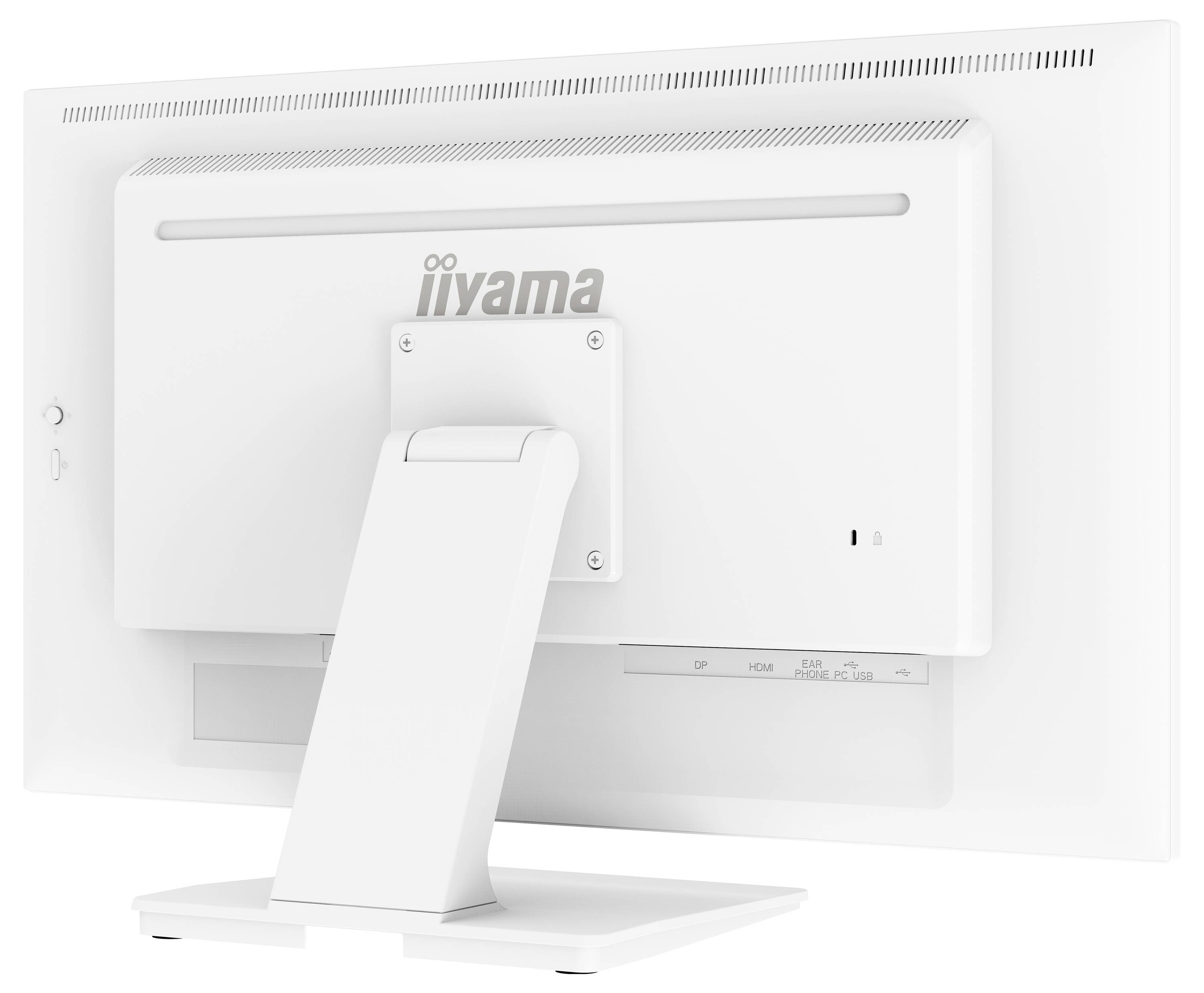 Zadní pohled na bílý počítačový monitor na stojanu, zobrazující značku "iiyama" s viditelnými vstupními a ovládacími porty.