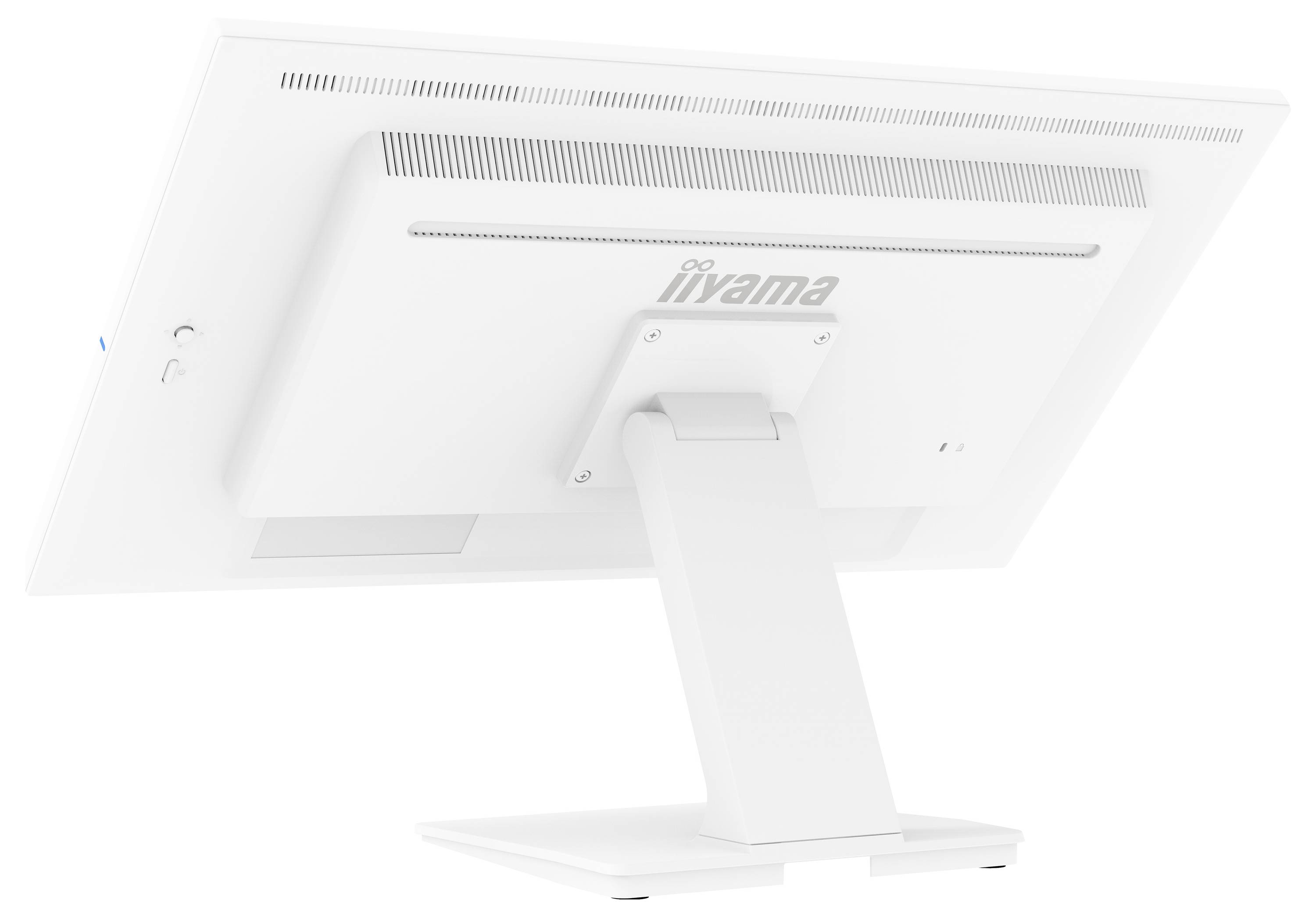 Obrázek ukazuje zadní pohled na bílý počítačový monitor s obdélníkovou základnou a svislou podporou, která zdůrazňuje jeho minimalistický design.
