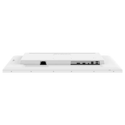 Zadní pohled na plochý pravoúhlý monitor zobrazující různé porty, včetně napájecího portu, HDMI, audio a USB připojení na boku.