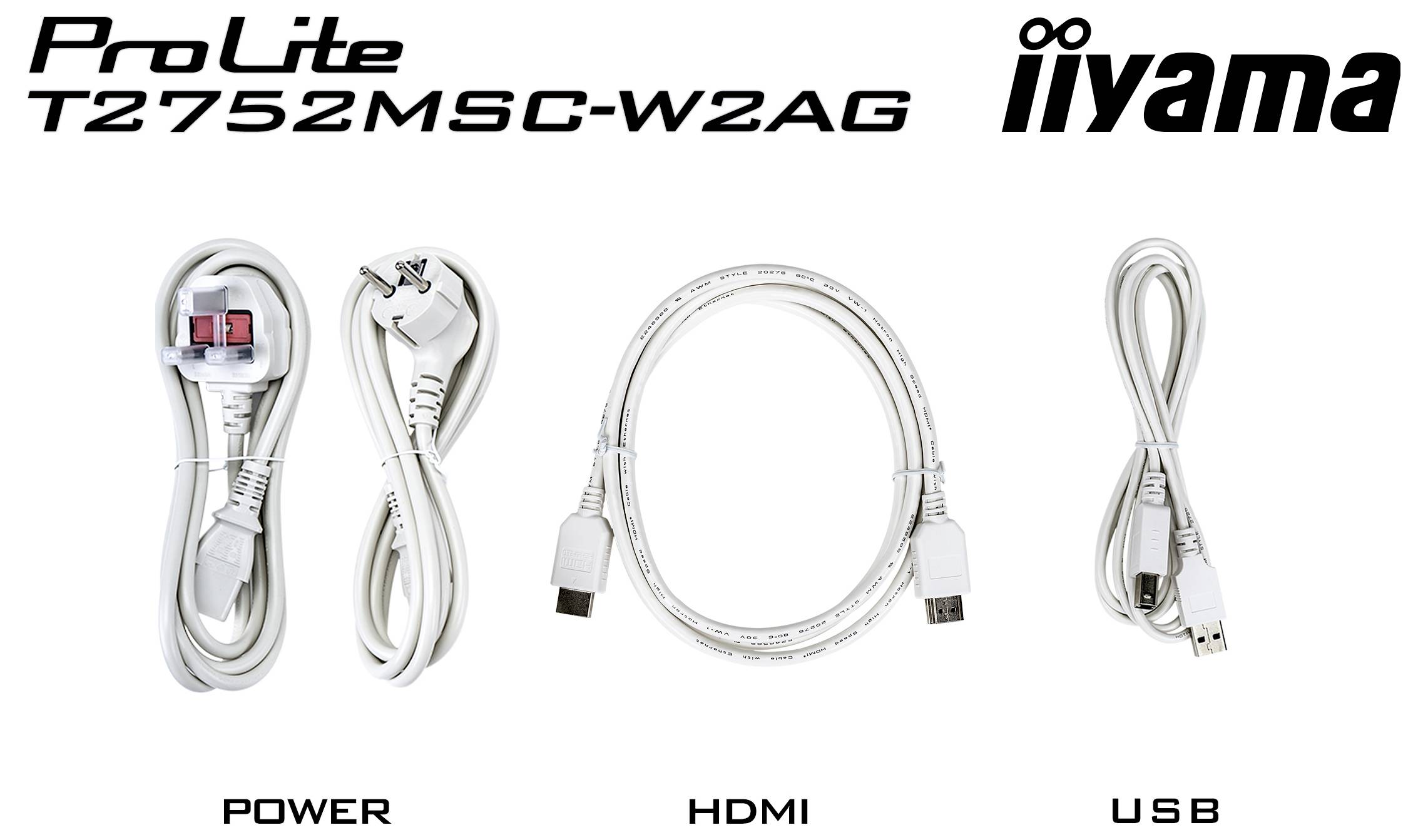 Kabely pro ProLite T2752MSC-W2AG: napájecí, HDMI, USB.