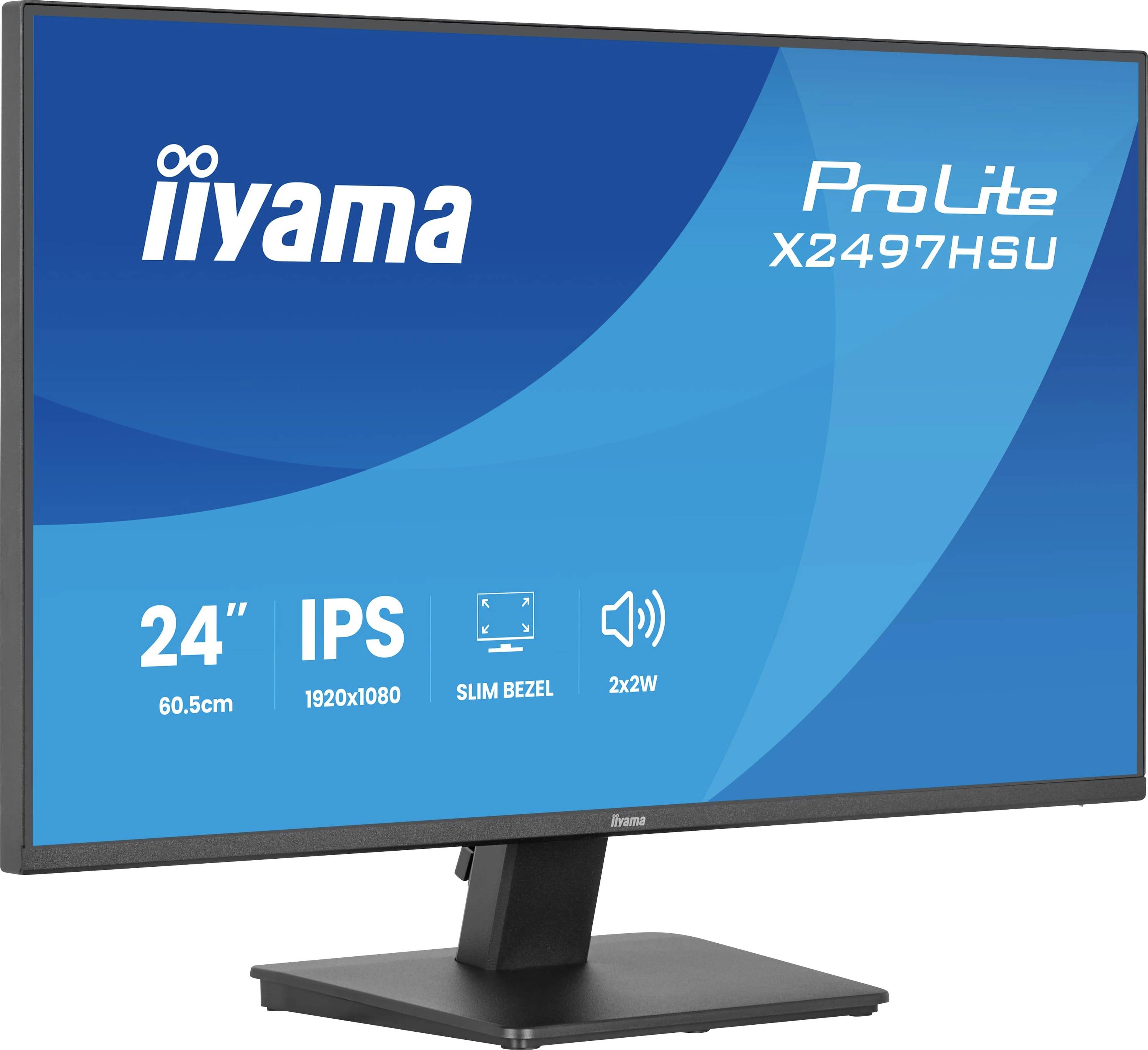 Černý monitor zobrazující značku „iiyama" a model „ProLite X2497HSU". Mezi funkcemi je 24palcová IPS obrazovka a rozlišení 1920x1080.