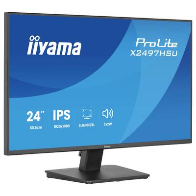 Monitor zobrazující značku 'iiyama', model 'ProLite X2497HSU', velikost '24" 60,5cm', '1920x1080 IPS' a reproduktory '2x2W'.