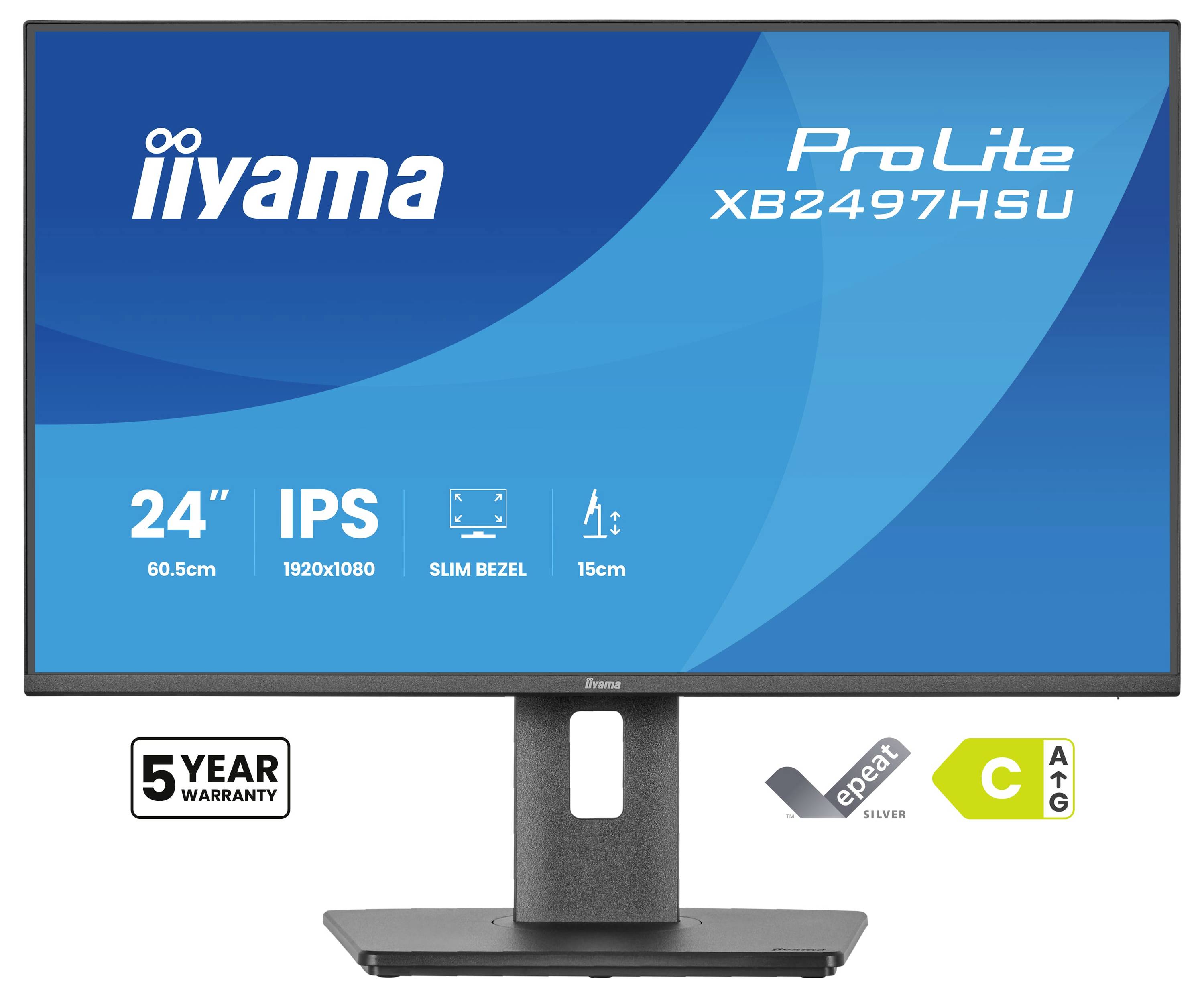 Monitor "ProLite XB2497HSU" zobrazující specifikace: 24" IPS displej, rozlišení 1920x1080, design s úzkým rámečkem, s 5letou zárukou.