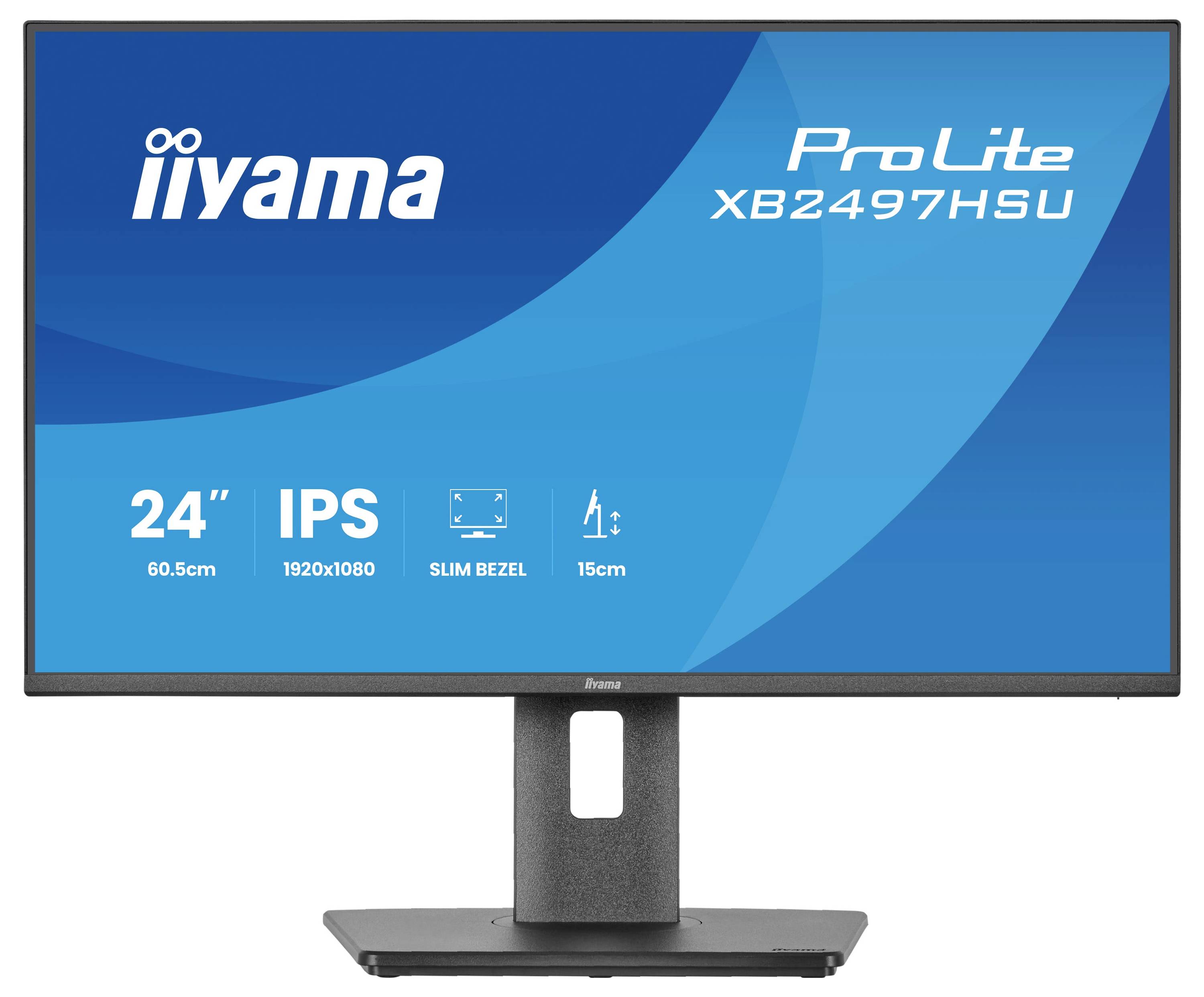 Monitor Iiyama ProLite XB2497HSU, 24 palců, IPS displej, rozlišení 1920x1080, design s tenkými rámečky, nastavení výšky 15 cm.