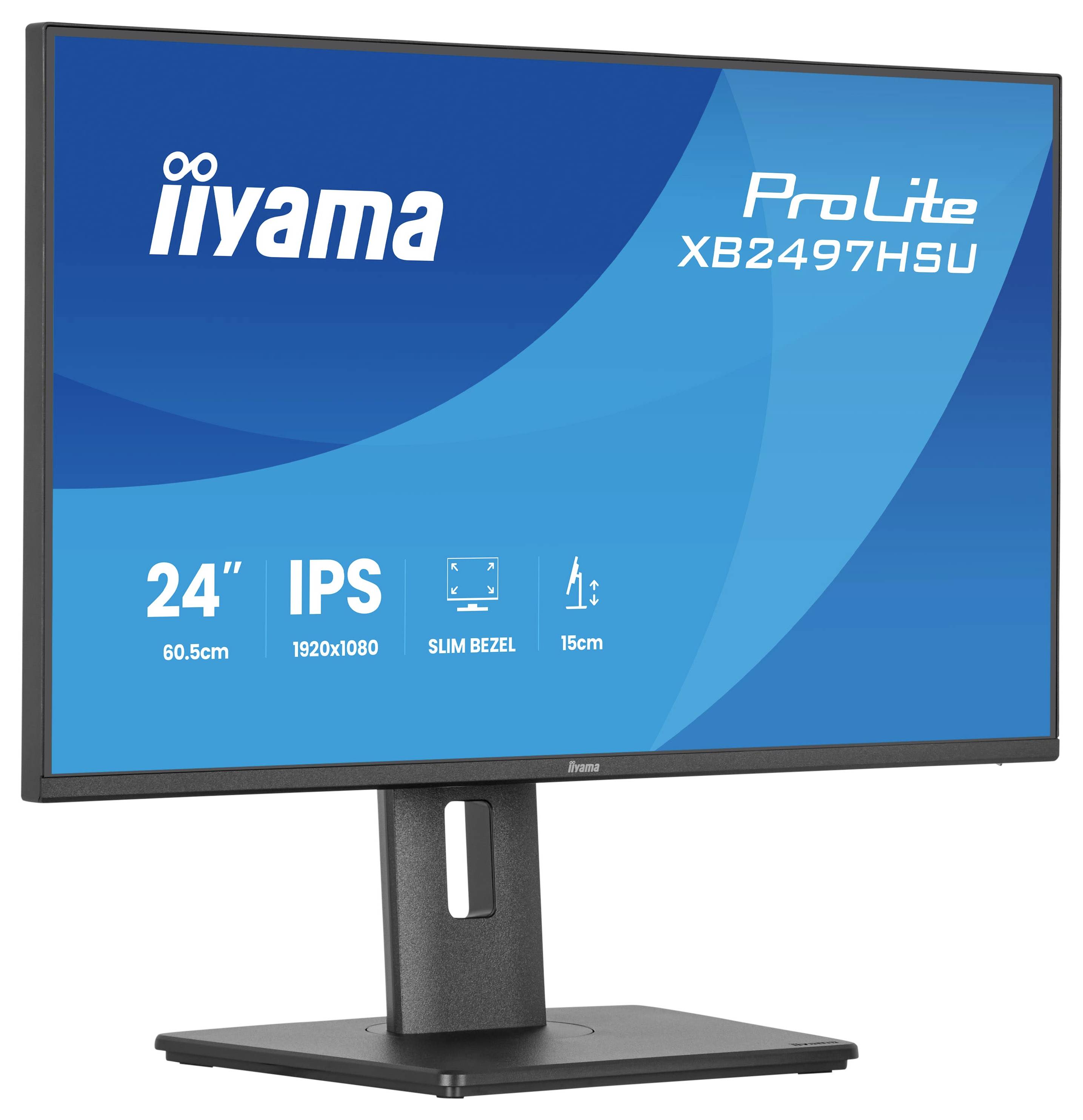 Počítačový monitor s 24palcovým IPS displejem s těmito vlastnostmi: rozlišení 1920x1080, tenké rámečky, nastavení výšky 15 cm.