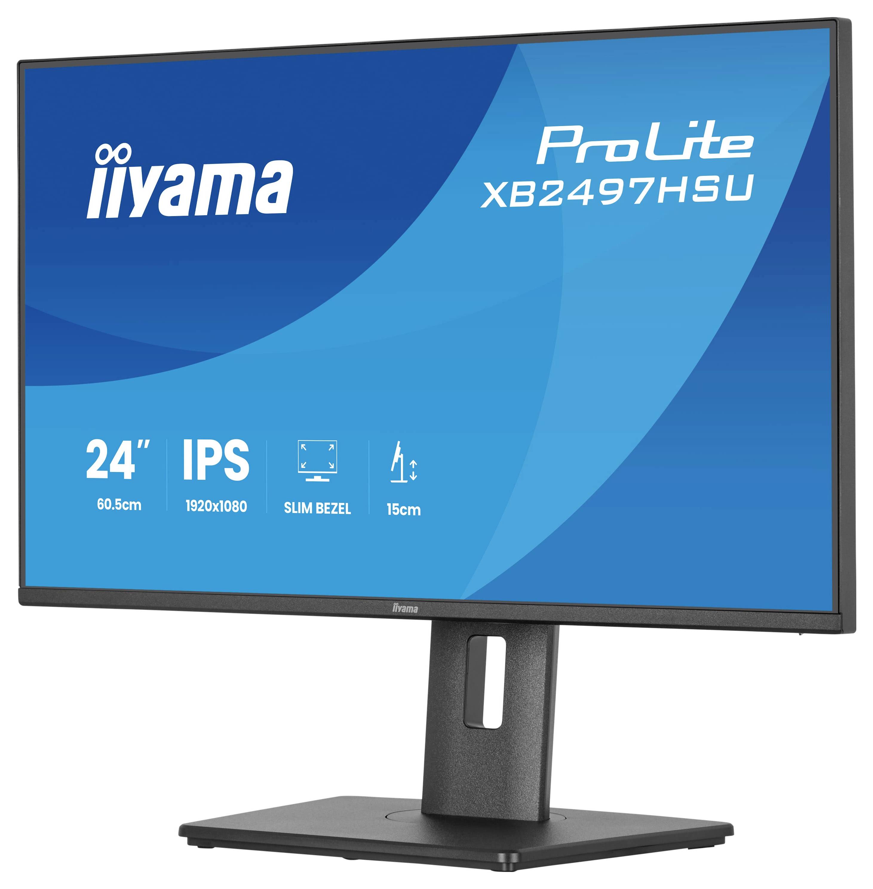 Monitor iiyama ProLite XB2497HSU s následujícími specifikacemi: 24" IPS obrazovka, rozlišení 1920x1080, tenký rámeček, nastavitelná výška 15cm.