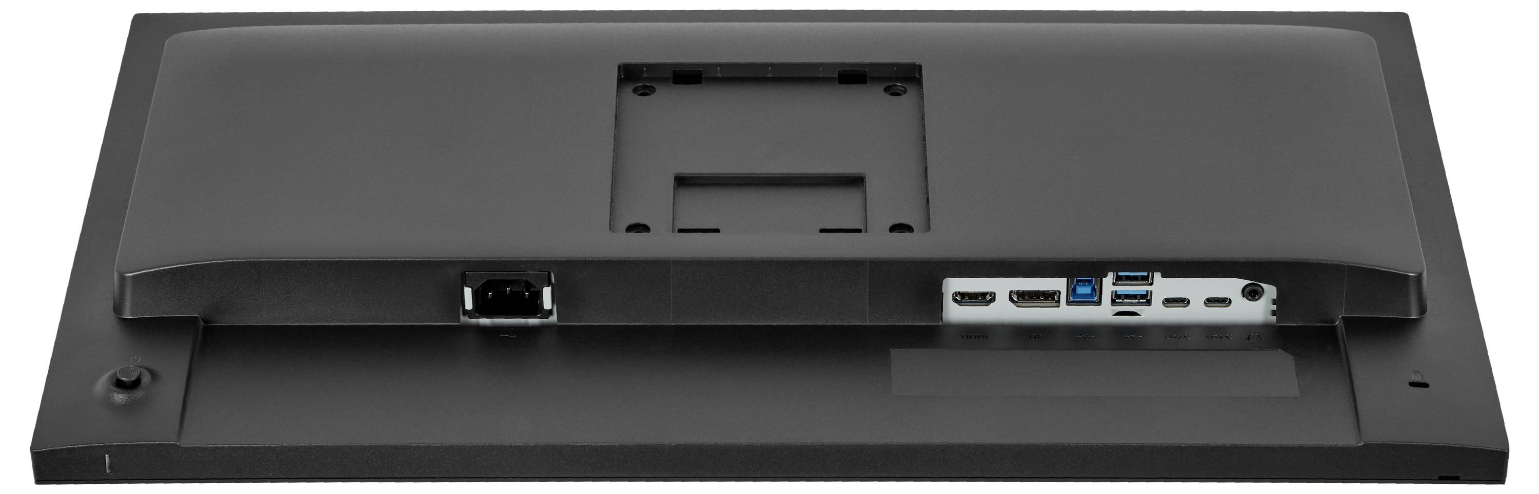 Zadní strana monitoru se zobrazenými různými porty včetně HDMI, USB a Ethernetu, uprostřed umístěna montážní konzole.