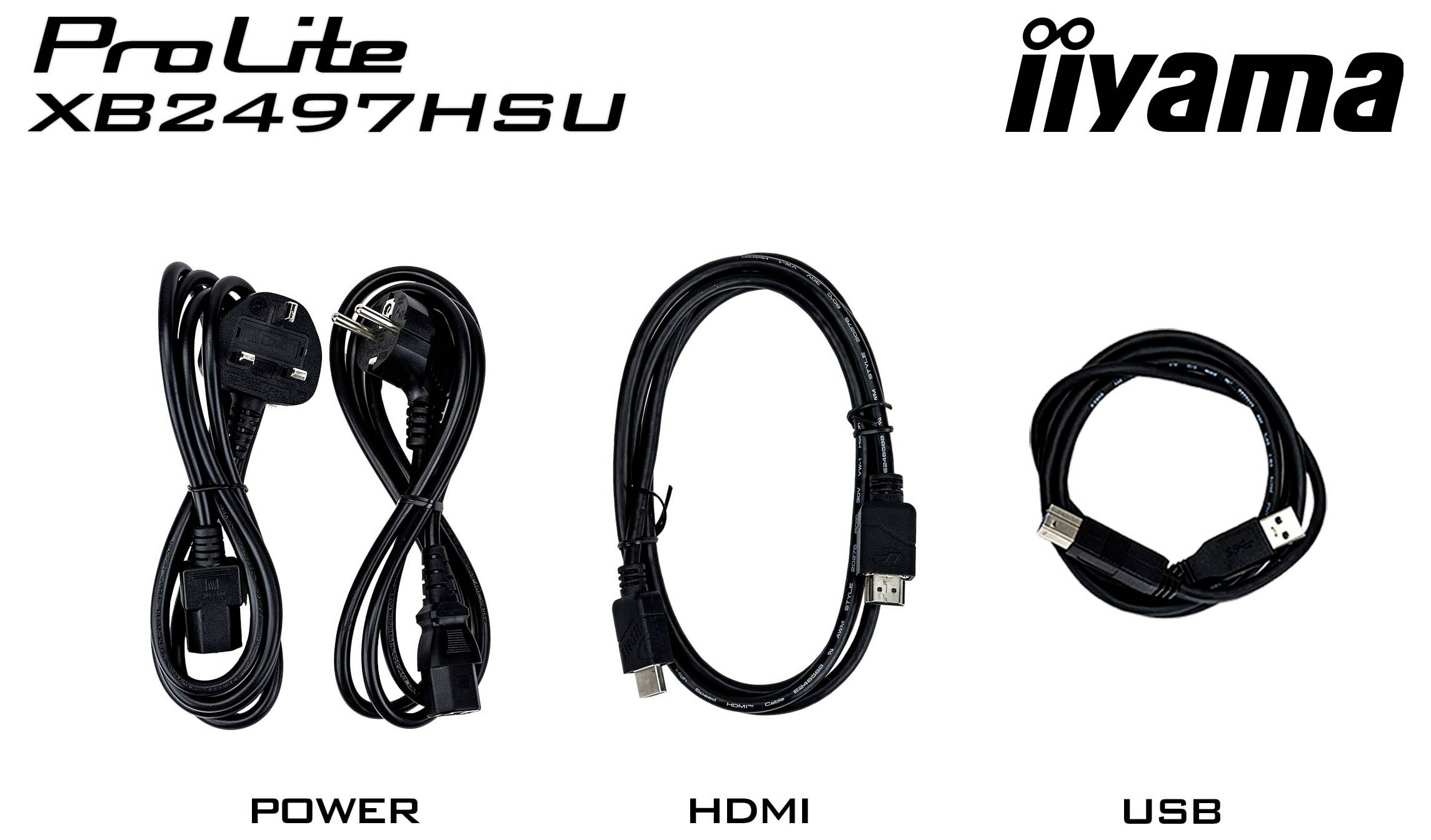 Výběr kabelů označených "Power", "HDMI" a "USB" pod názvy značek "ProLite XB2497HSU" a "iiyama".