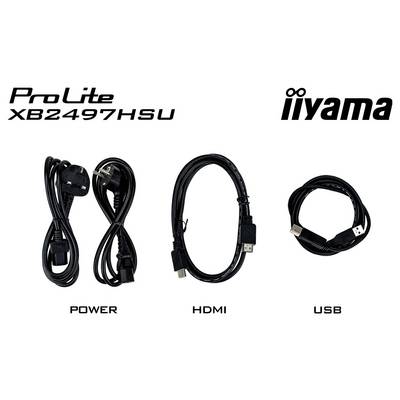 Výběr kabelů označených "Power", "HDMI" a "USB" pod názvy značek "ProLite XB2497HSU" a "iiyama".