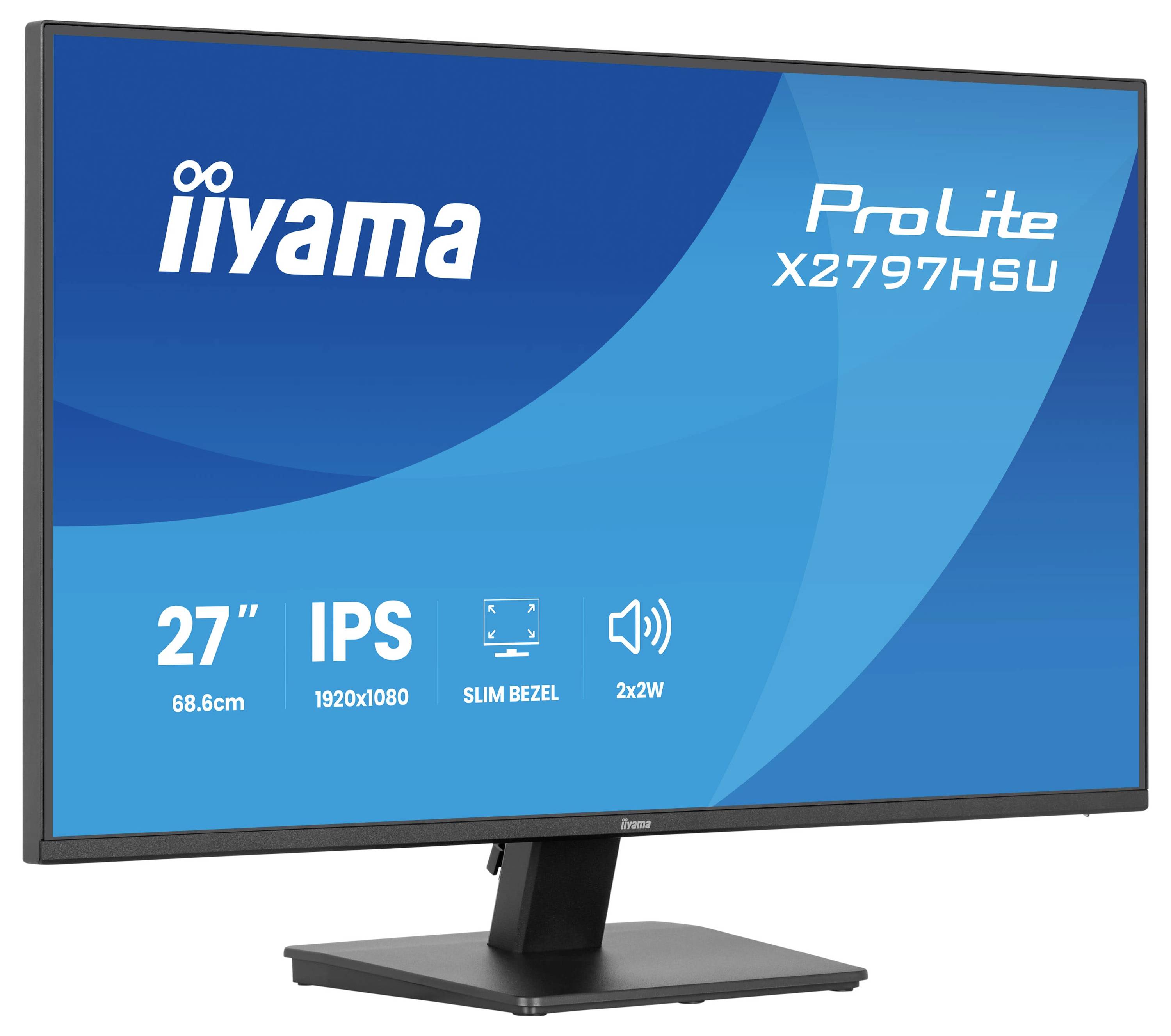 Počítačový monitor zobrazující podrobnosti o produktu: 'iiyama ProLite X2797HSU'. Mezi funkce patří 27" obrazovka, technologie IPS, rozlišení 1920x1080.