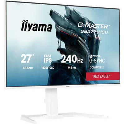 Počítačový monitor zobrazující specifikace: "iiyama G-Master GB2770HSU", 27 palců, 68,5 cm, Fast IPS, 1920x1080, 240Hz, 0,4 ms, kompatibilní s NVIDIA G-SYNC.