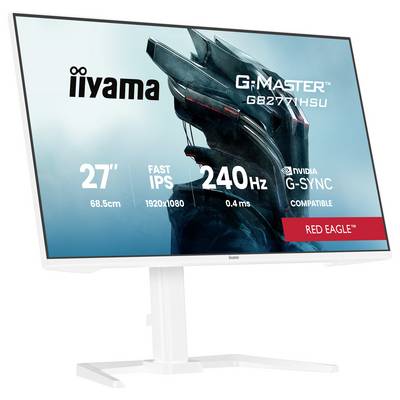 Monitor zobrazený s brandingem „iiyama G-Master GB2770HSU", ukazující klíčové vlastnosti: velikost 27 palců, obnovovací frekvence 240Hz, rozlišení 1920x1080.