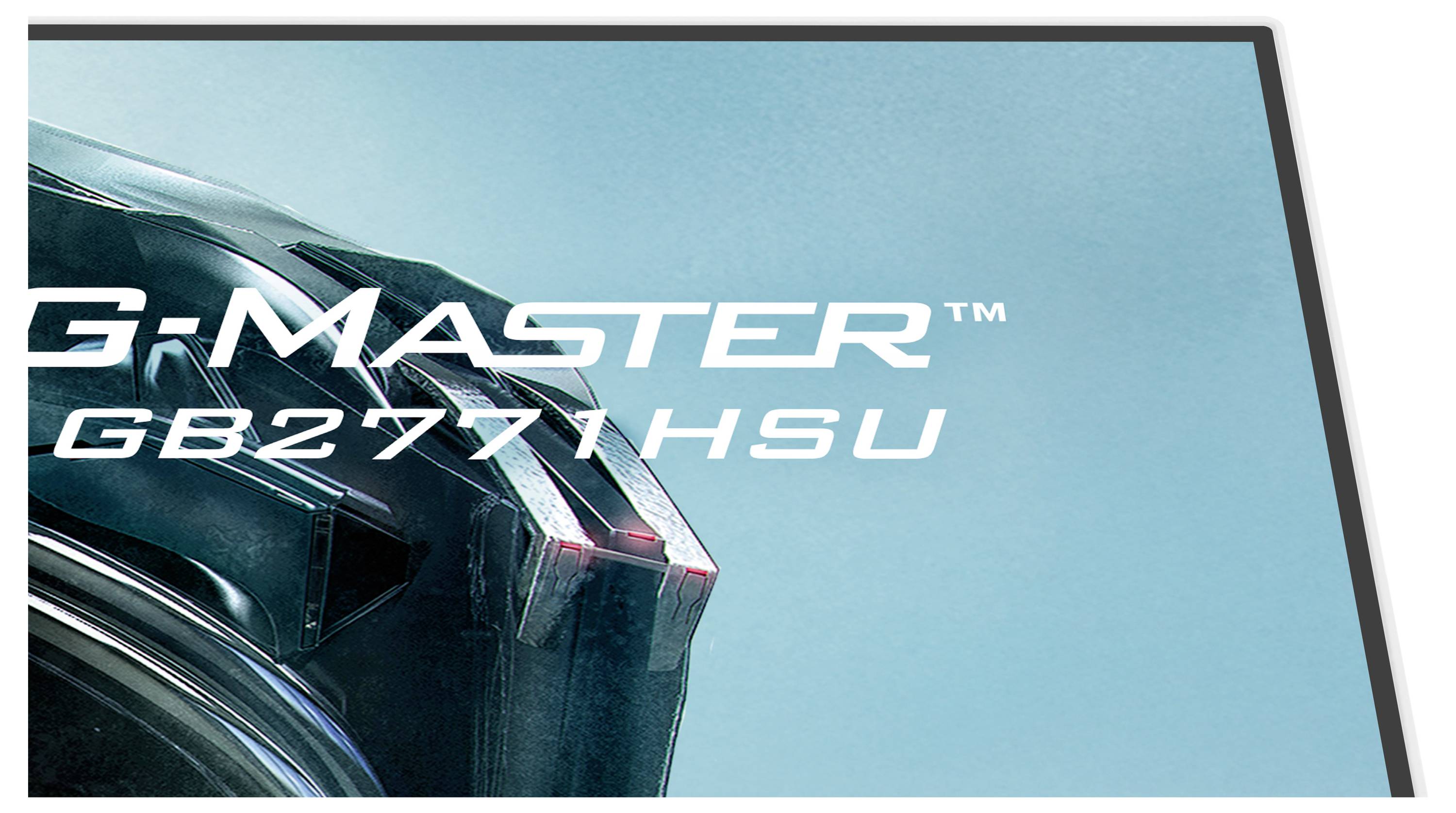 Rohová část monitoru s částí elegantního designu s futuristickými obrysy a textem "G-Master GB2771HSU" na modrém pozadí.