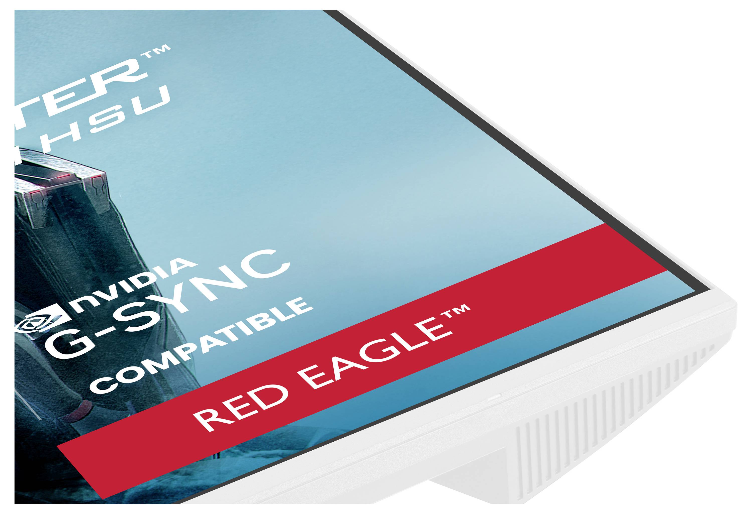 Detailní záběr hrany monitoru s označením "NVIDIA G-SYNC Compatible" a značkou "RED EAGLE" na modrém pozadí.