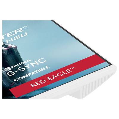 Detailní záběr hrany monitoru s označením "NVIDIA G-SYNC Compatible" a značkou "RED EAGLE" na modrém pozadí.