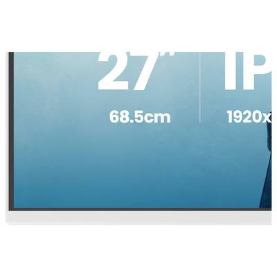 Detailní záběr obrazovky monitoru zobrazující rozměry '27"', '68,5cm' a rozlišení '1920x'. Pozadí je přechodem modré barvy.