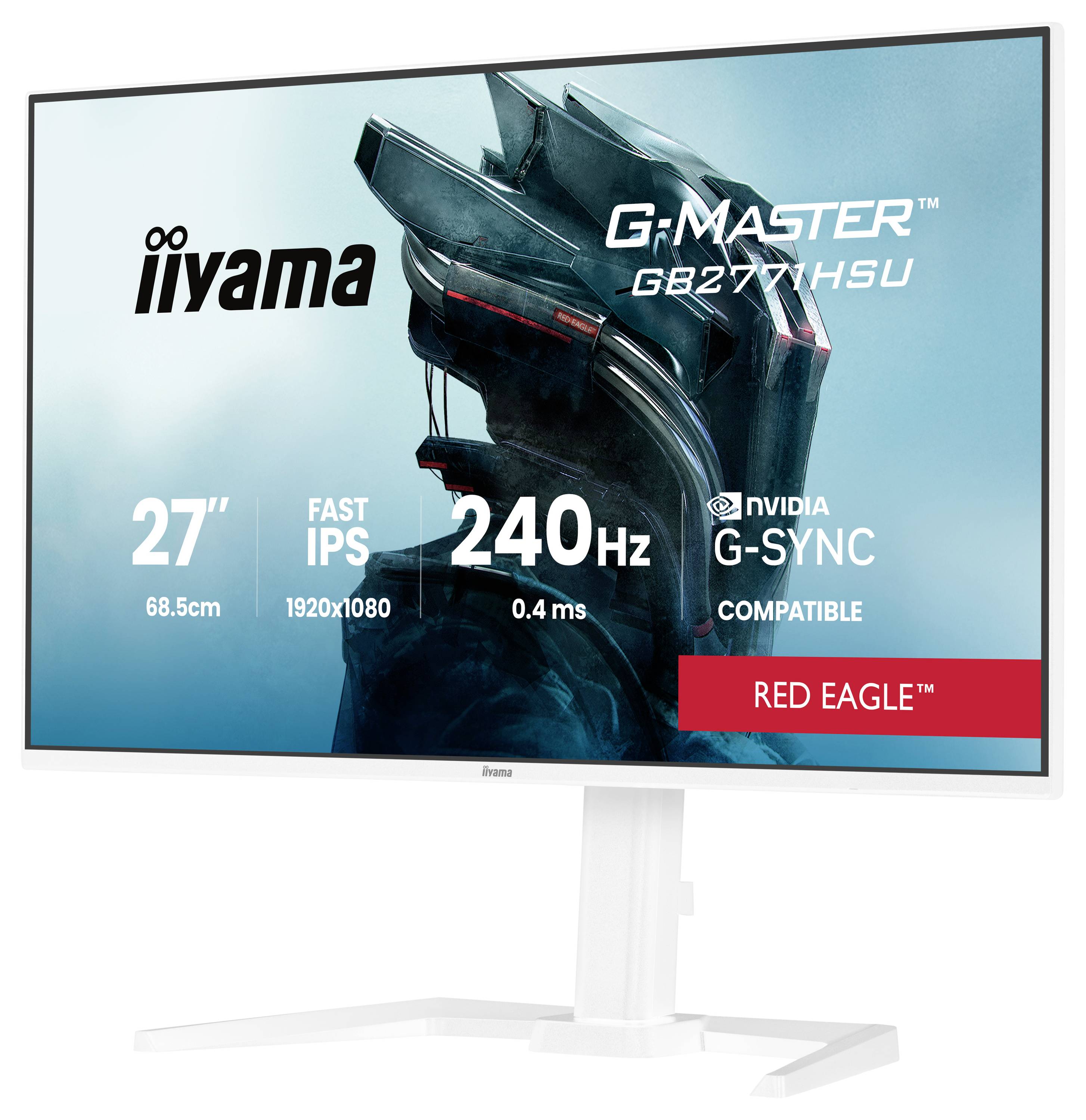 Iiyama G-Master GB2777HSU' 27" monitor zobrazující specifikace: rozlišení 1920x1080, obnovovací frekvence 240Hz, doba odezvy 0,4ms, kompatibilní s G-SYNC.