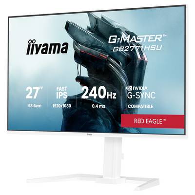 Iiyama G-Master GB2777HSU' 27" monitor zobrazující specifikace: rozlišení 1920x1080, obnovovací frekvence 240Hz, doba odezvy 0,4ms, kompatibilní s G-SYNC.