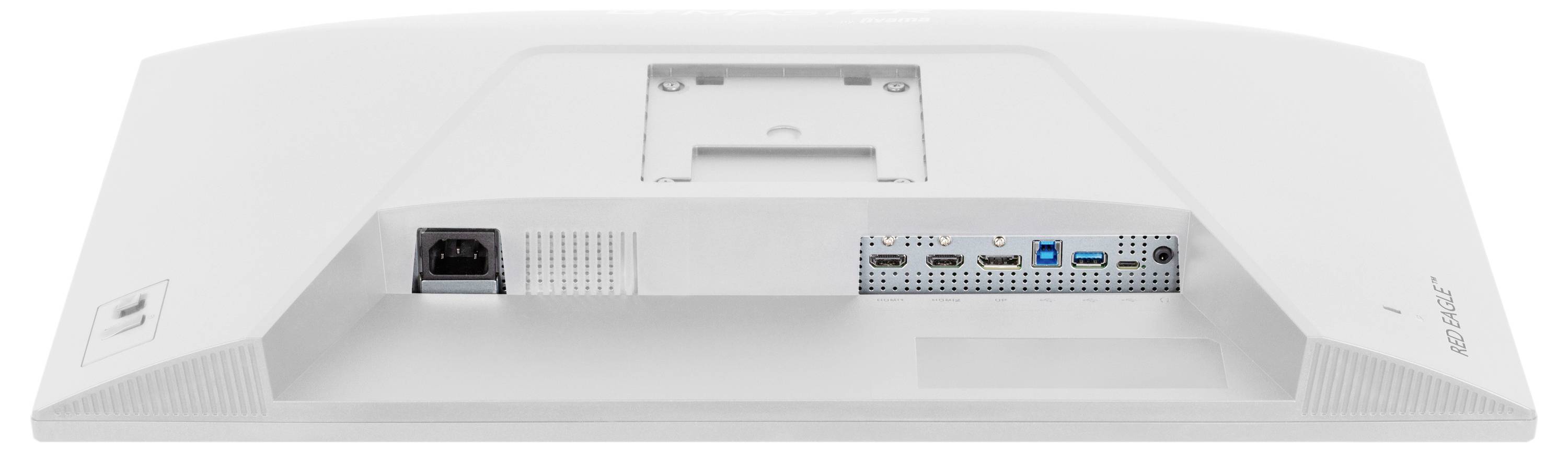 Detailní pohled na zadní stranu bílého monitoru zobrazující různé porty, včetně konektoru pro napájení, HDMI, USB a audio konektorů.