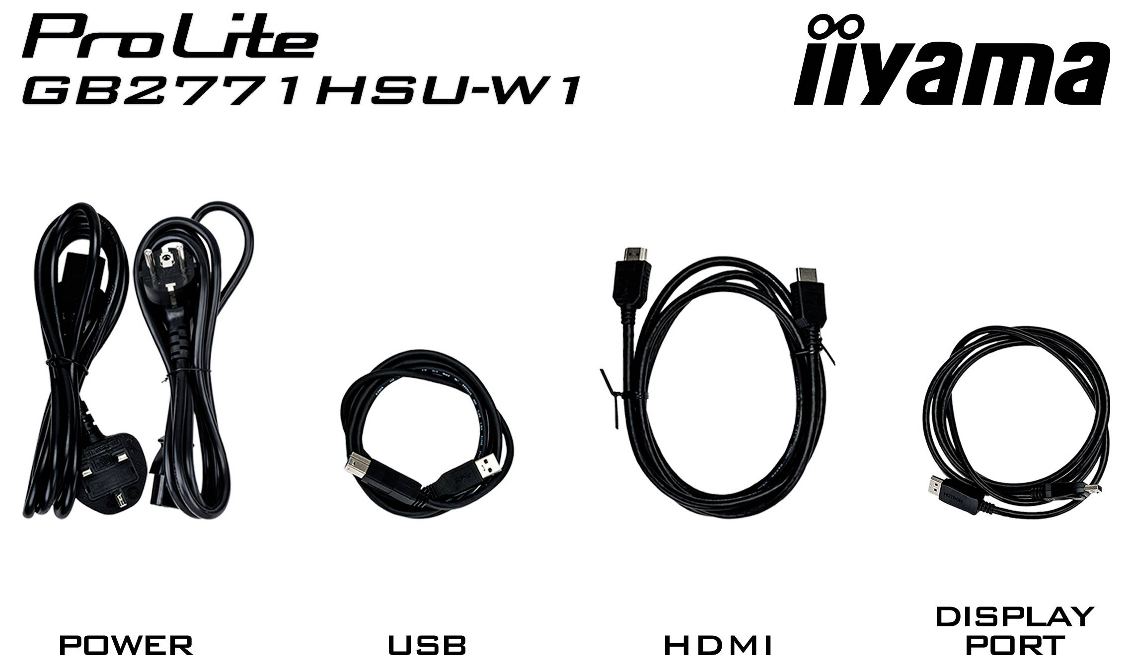 Monitor "ProLite GB2771HSU-W1" s kabely: Napájení, USB, HDMI a DisplayPort, s logem značky "iiyama" na bílém pozadí.