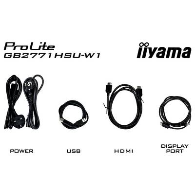 Monitor "ProLite GB2771HSU-W1" s kabely: Napájení, USB, HDMI a DisplayPort, s logem značky "iiyama" na bílém pozadí.