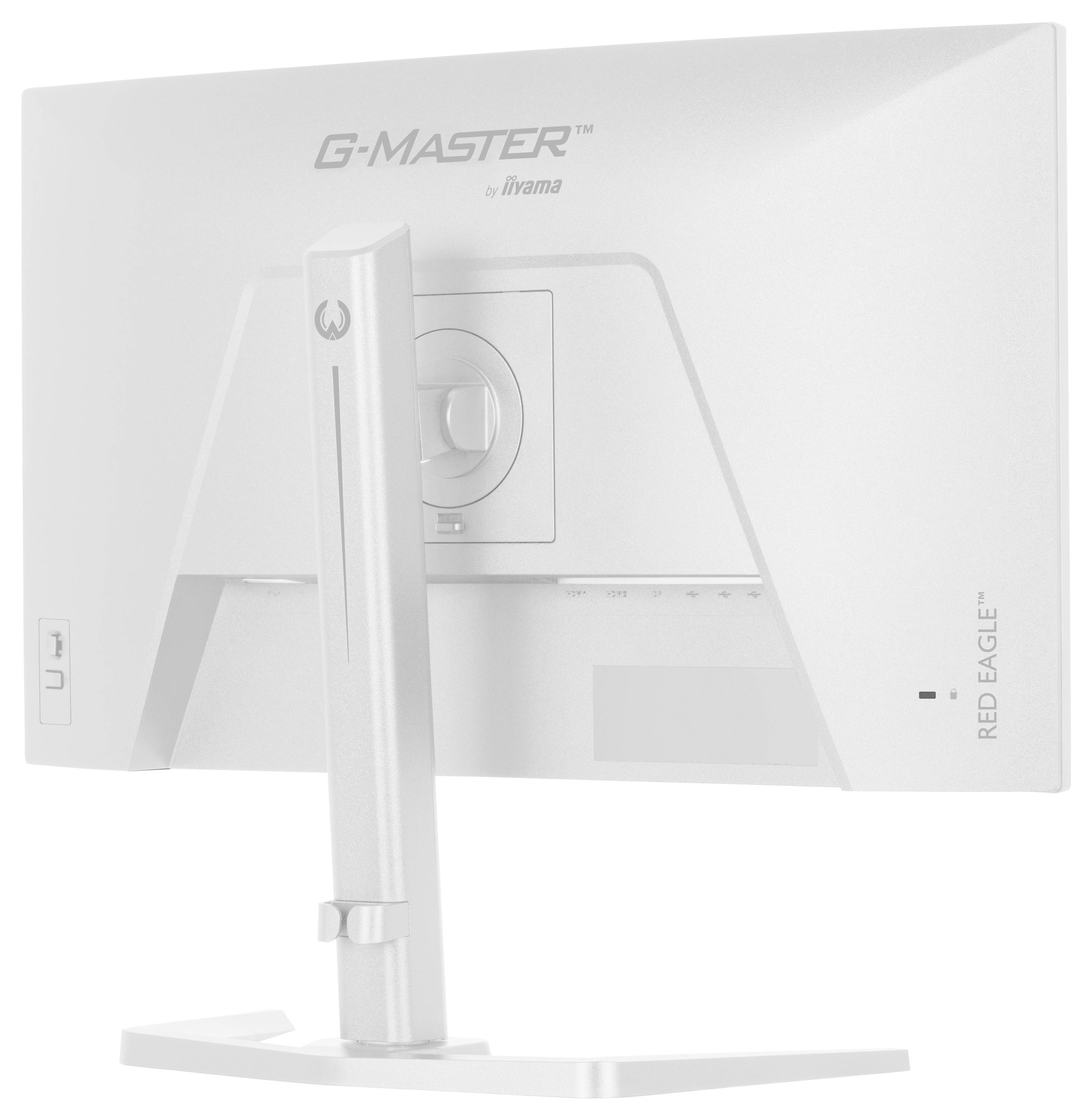 'Zadní pohled na bílý herní monitor G-Master Red Eagle na V-tvaru stojanu, ukazující logo značky a porty pro připojení.'