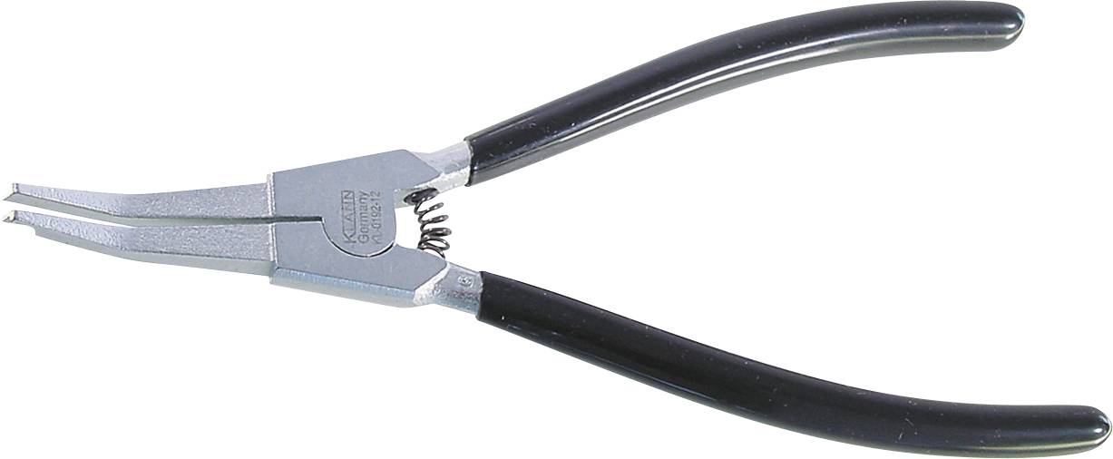 Pár kleští na pojistné kroužky stříbrné a černé barvy s mechanismem pružiny, určené pro instalaci nebo odstraňování pojistných kroužků.