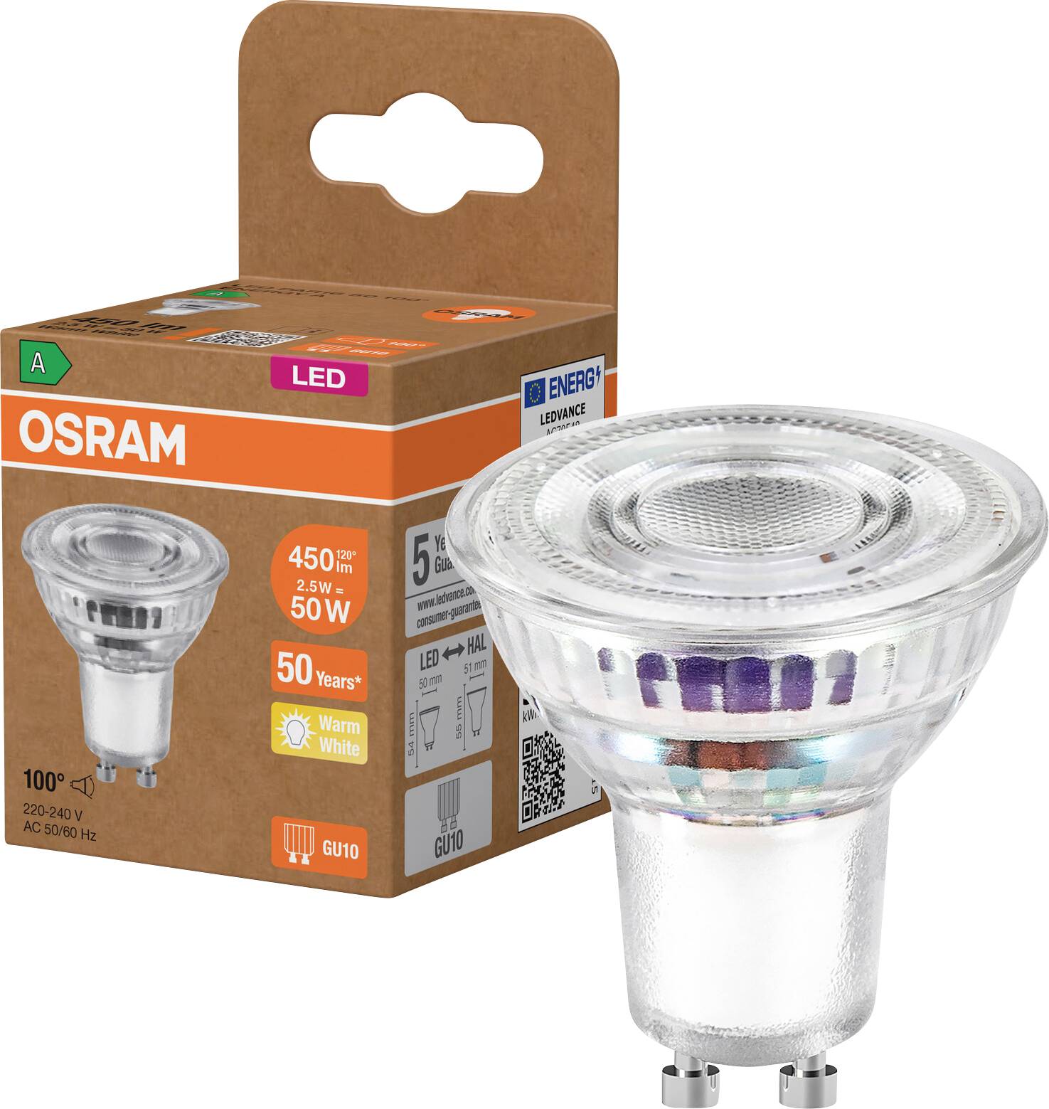 Reflektorová žárovka OSRAM LED GU10 zobrazená vedle své krabice, označená 450 lm, 5 W, teplá bílá, 50 000 hodin.