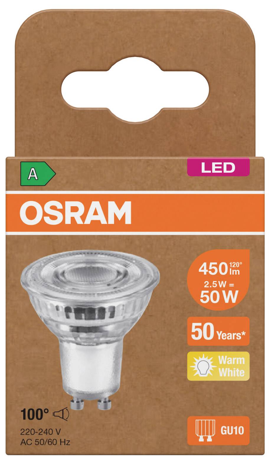 OSRAM LED bodovka v balení, 2,5W, 450 lumenů, patice GU10, teplá bílá, náhrada za 50W; 100° paprsek, 220-240V AC.