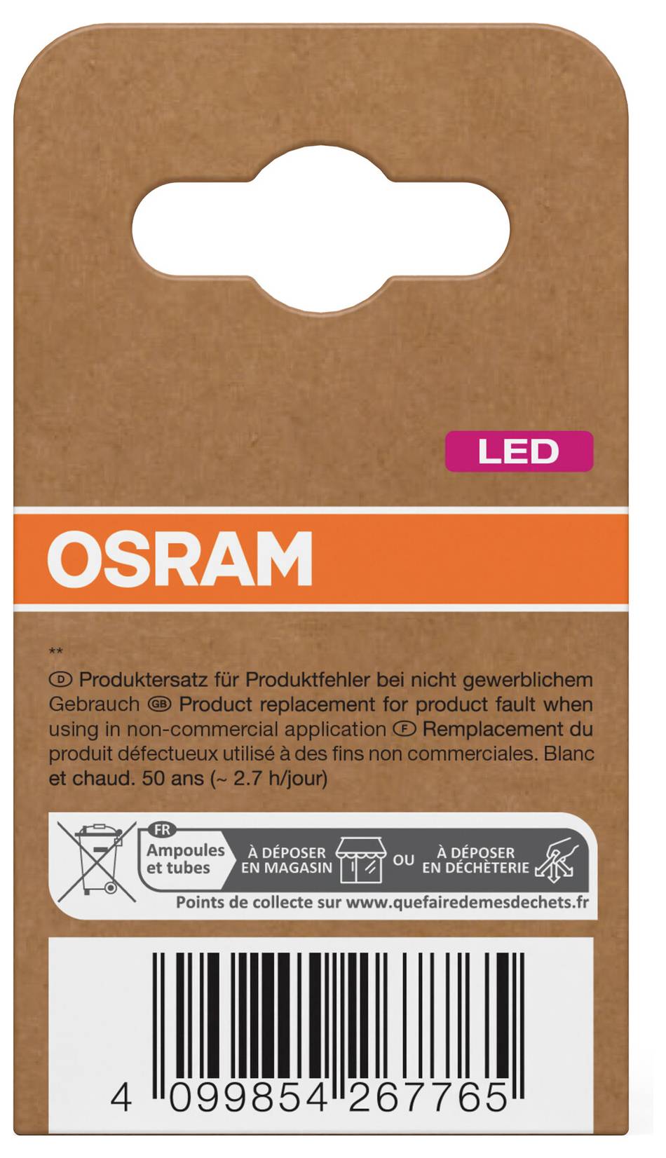 Balení produktu OSRAM LED s čárovým kódem a pokyny k recyklaci a likvidaci.